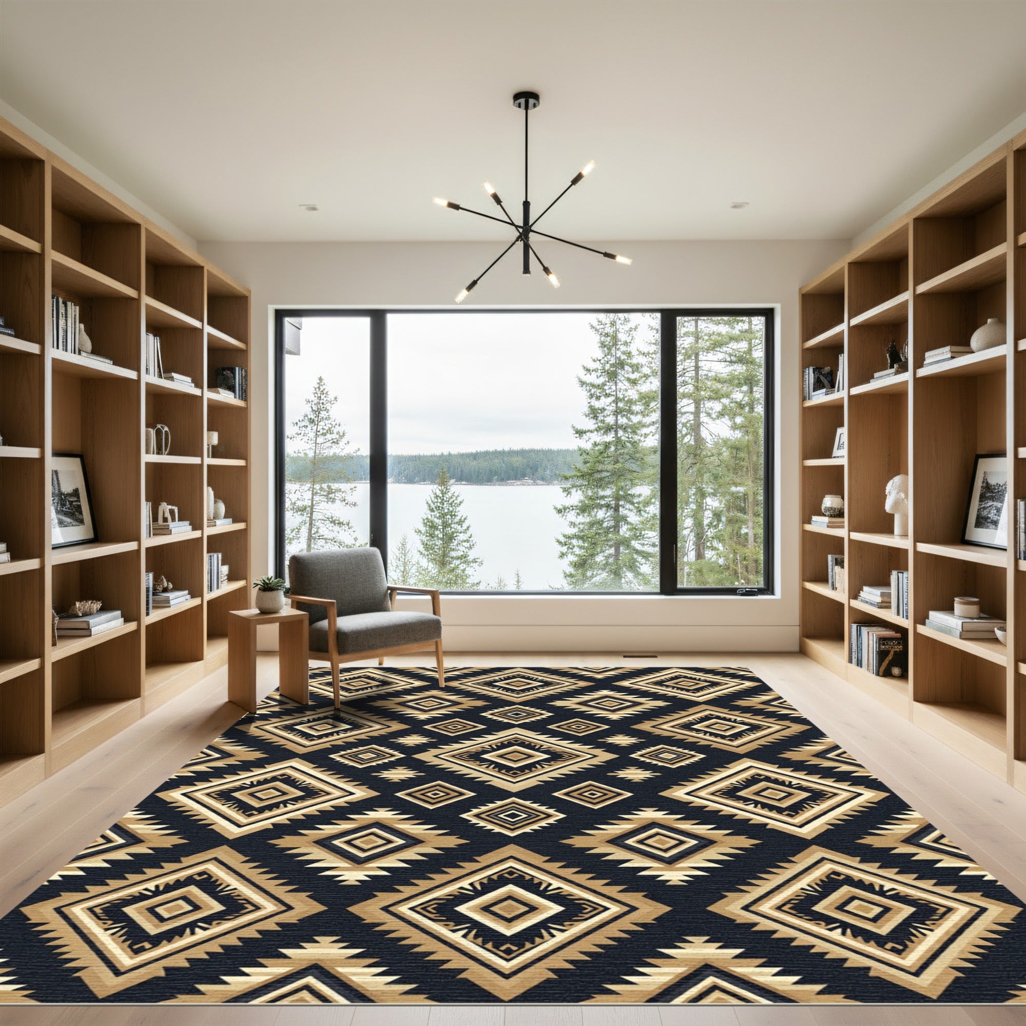 Golden Geometric Diamond Aztec Art Rug