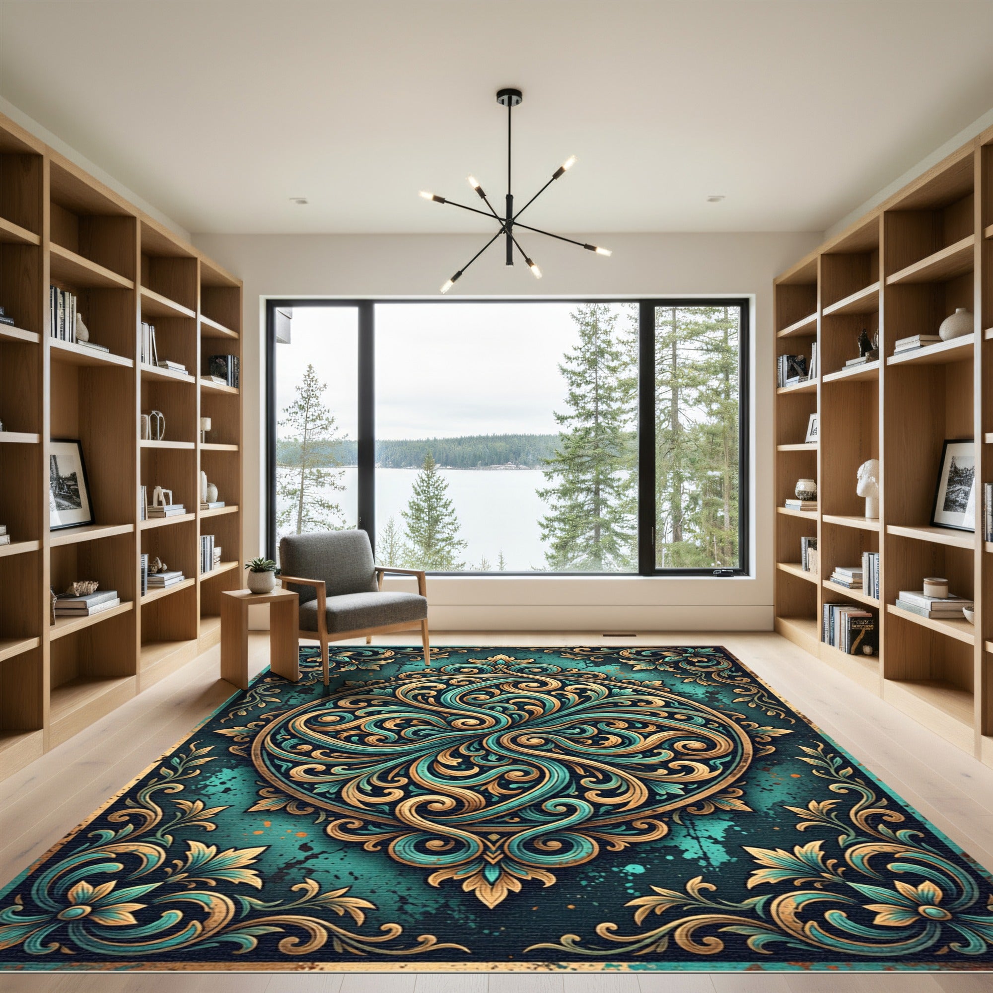 Ornate Teal Gold Scroll Medallion Rug