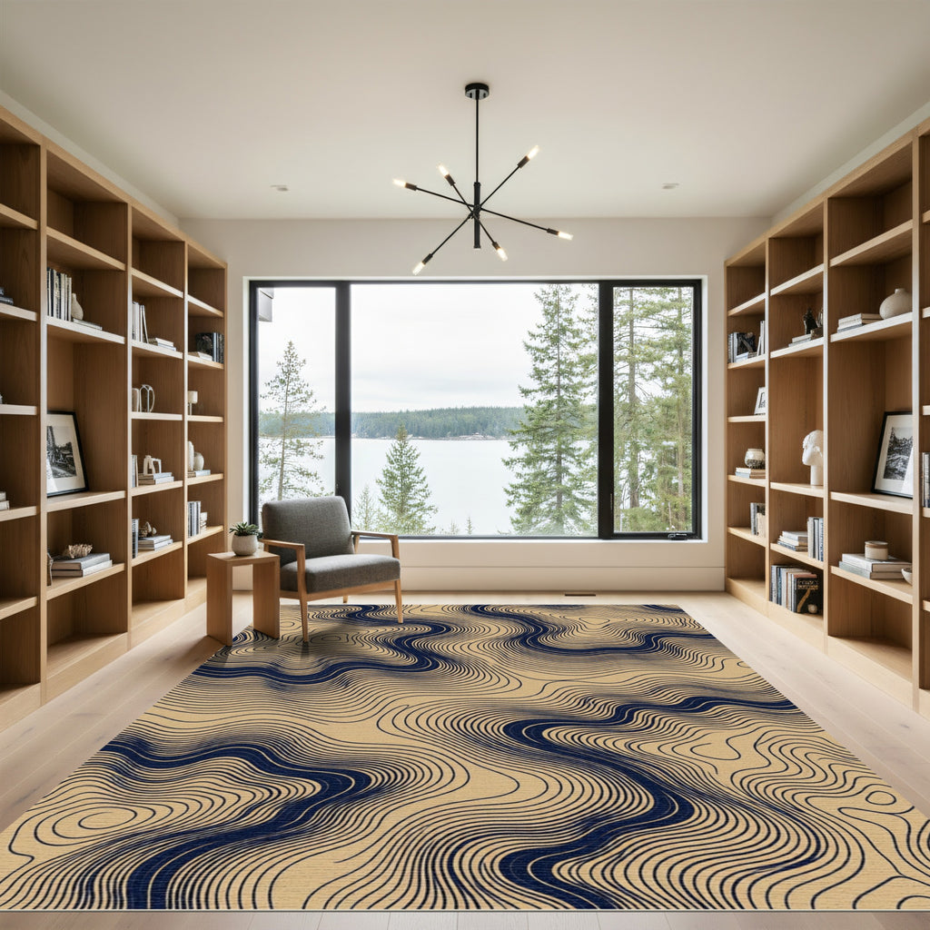 Abstract Navy and Sand Wave Contour Rug