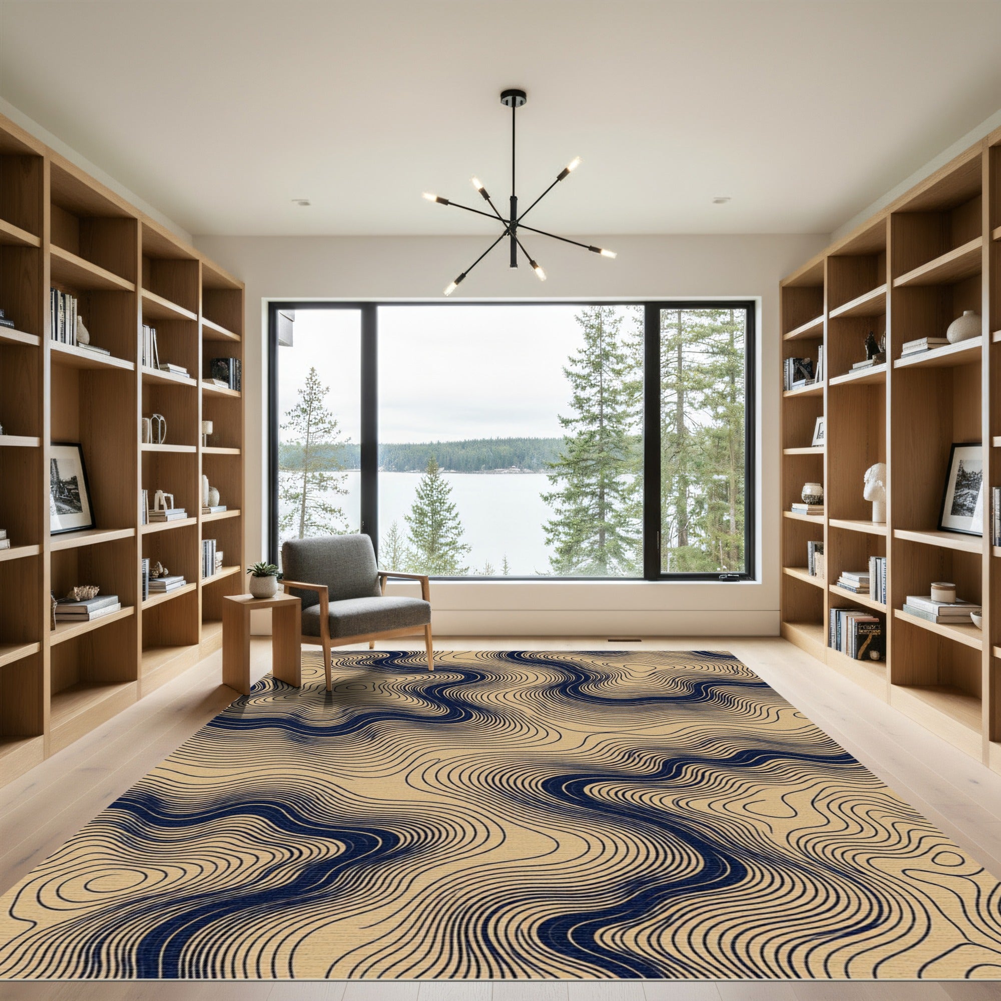 Abstract Navy and Sand Wave Contour Rug