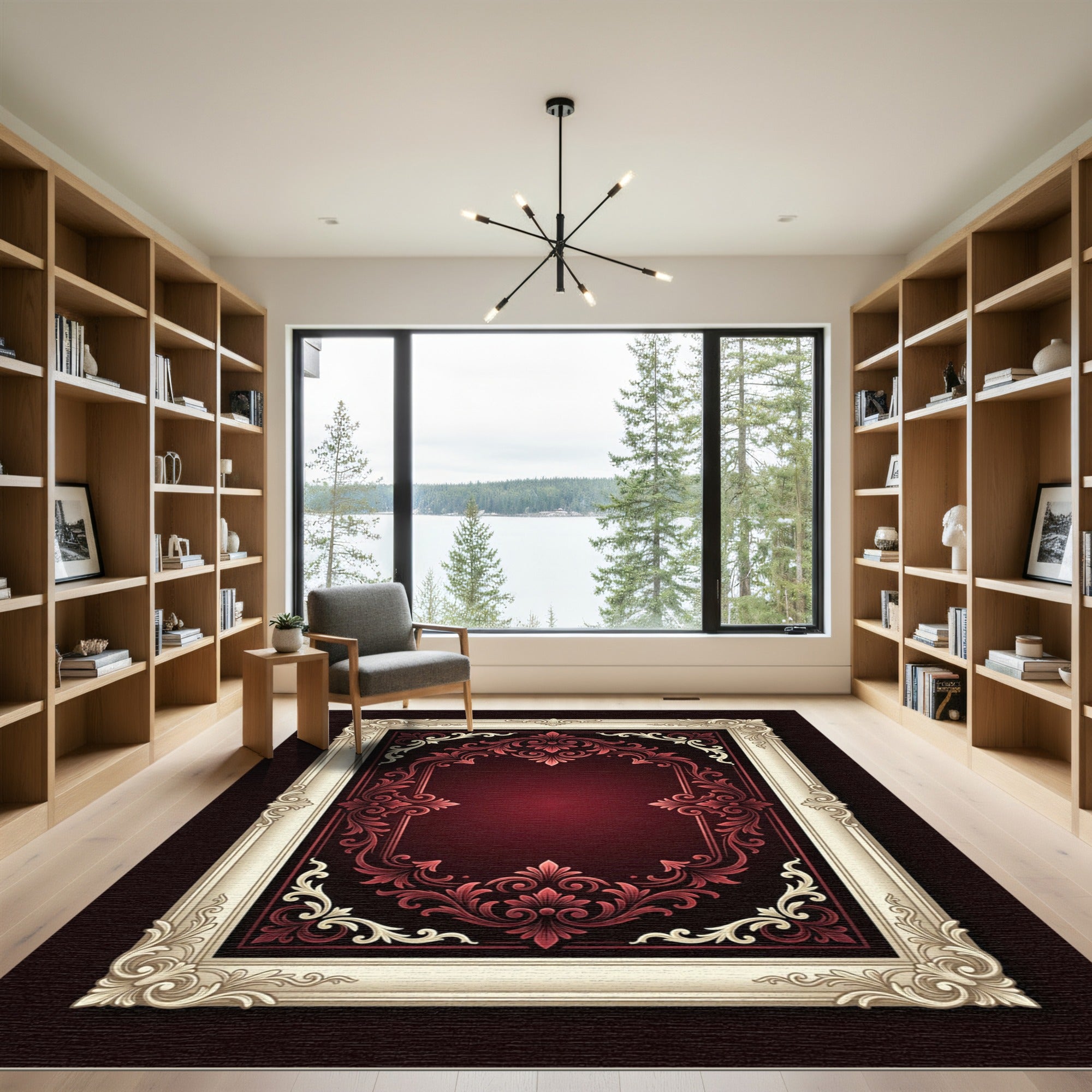 Crimson Red Ornate Floral Border Rug