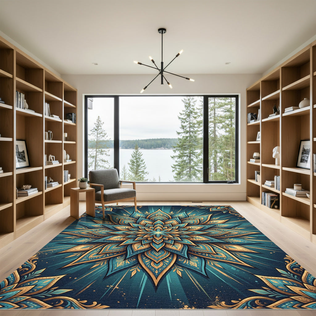 Teal and Gold Radiant Lotus Medallion Rug