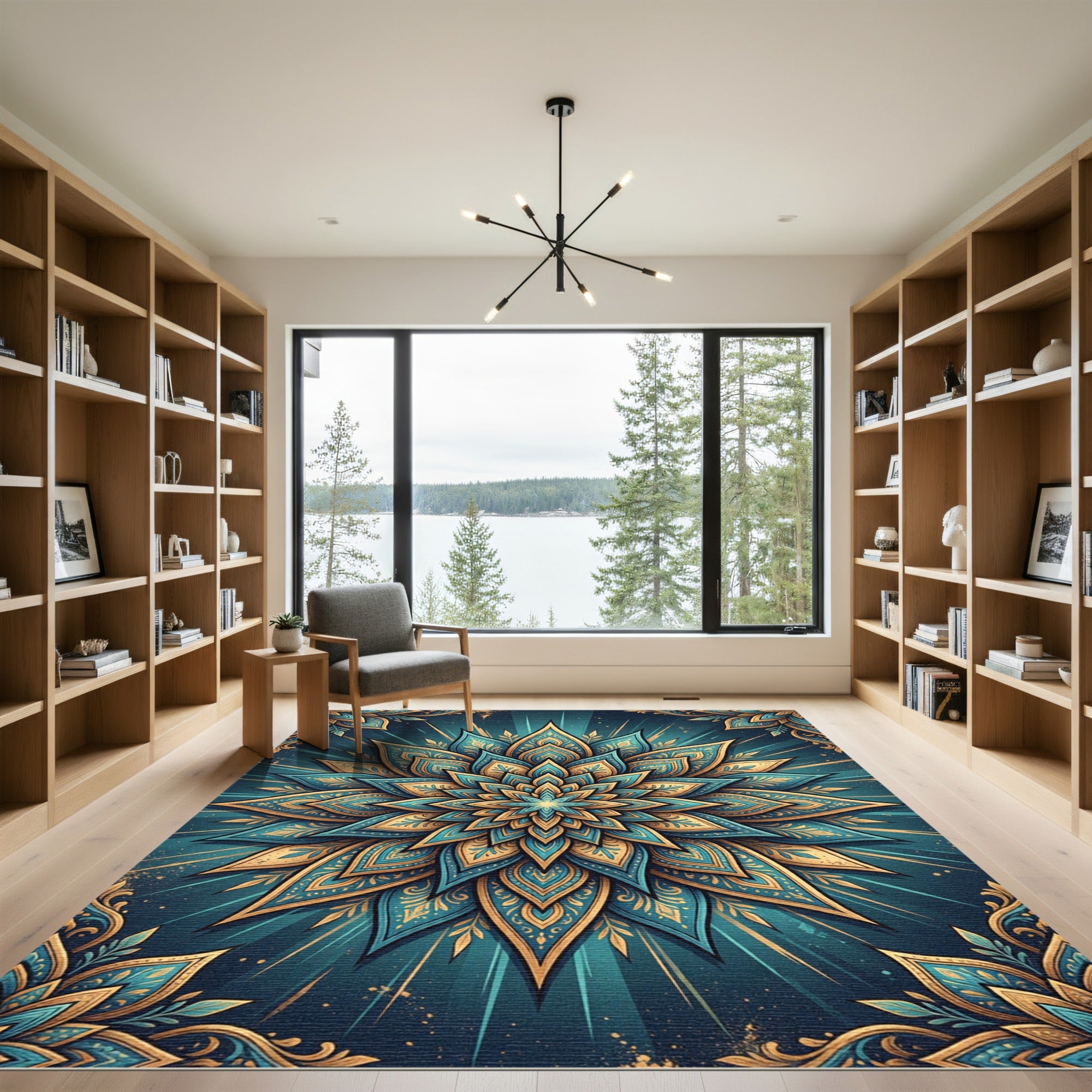 Teal and Gold Radiant Lotus Medallion Rug