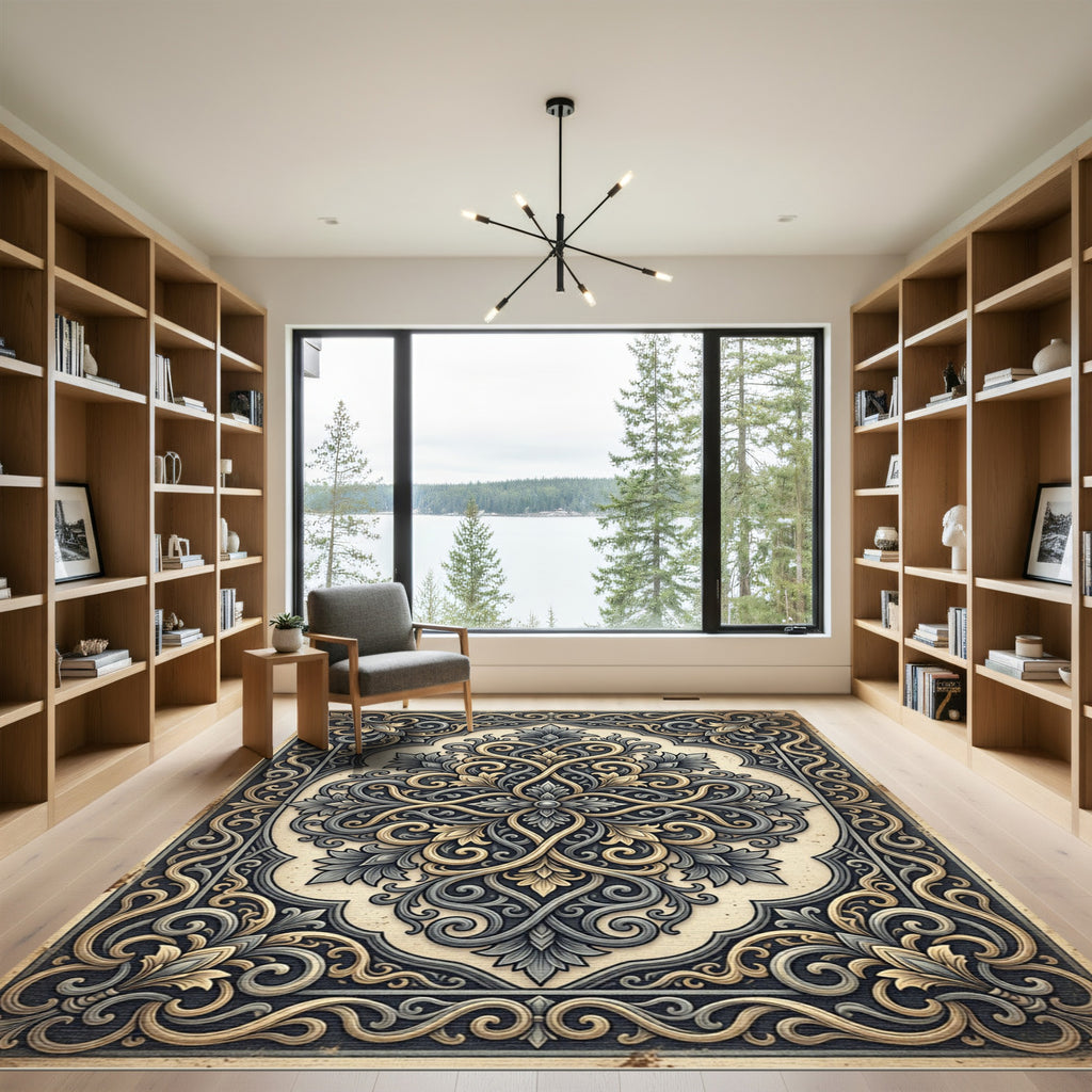 Elegant Slate and Gold Damask Medallion Rug