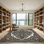 Elegant Slate and Gold Damask Medallion Rug