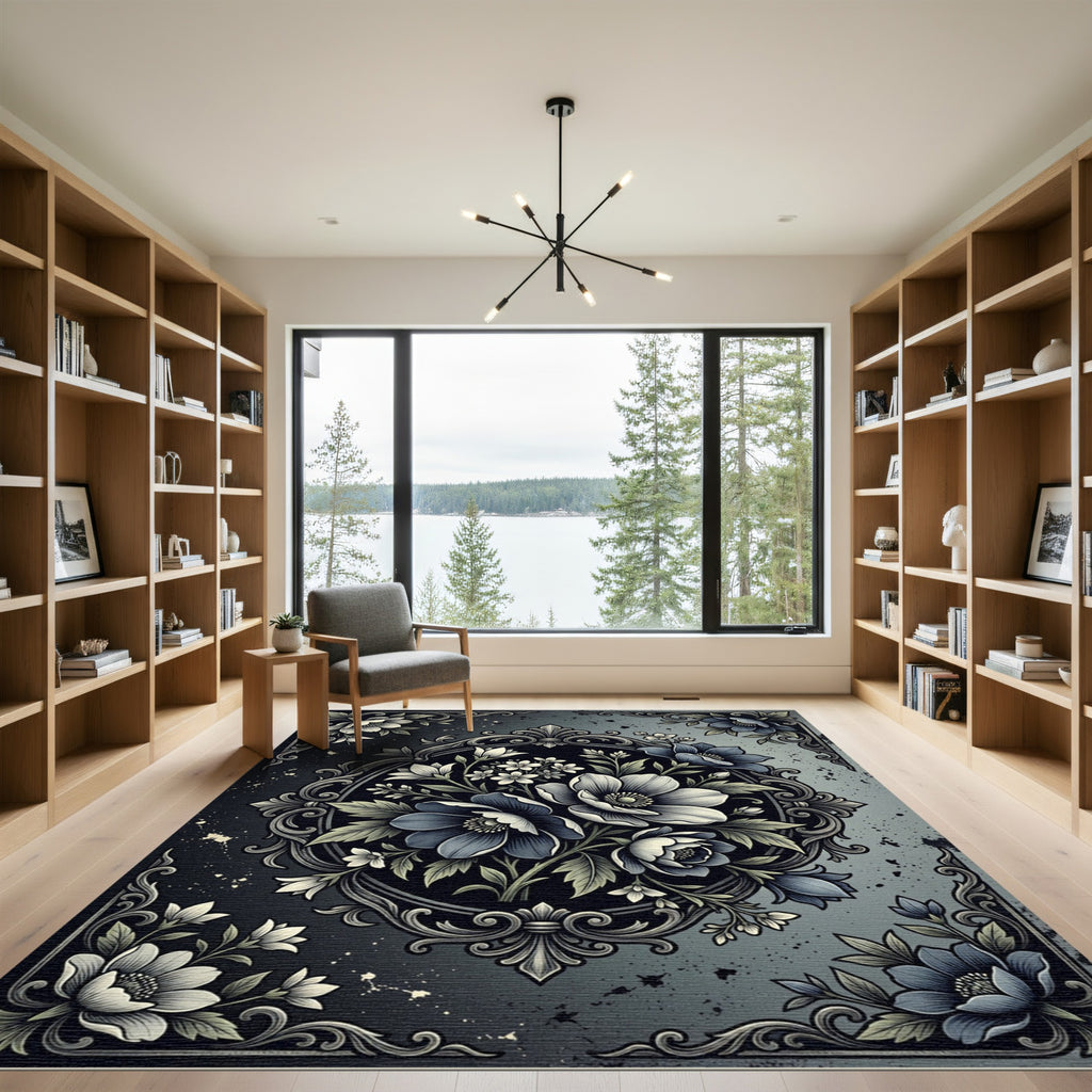 Dark Blue Gray Floral Medallion Rug