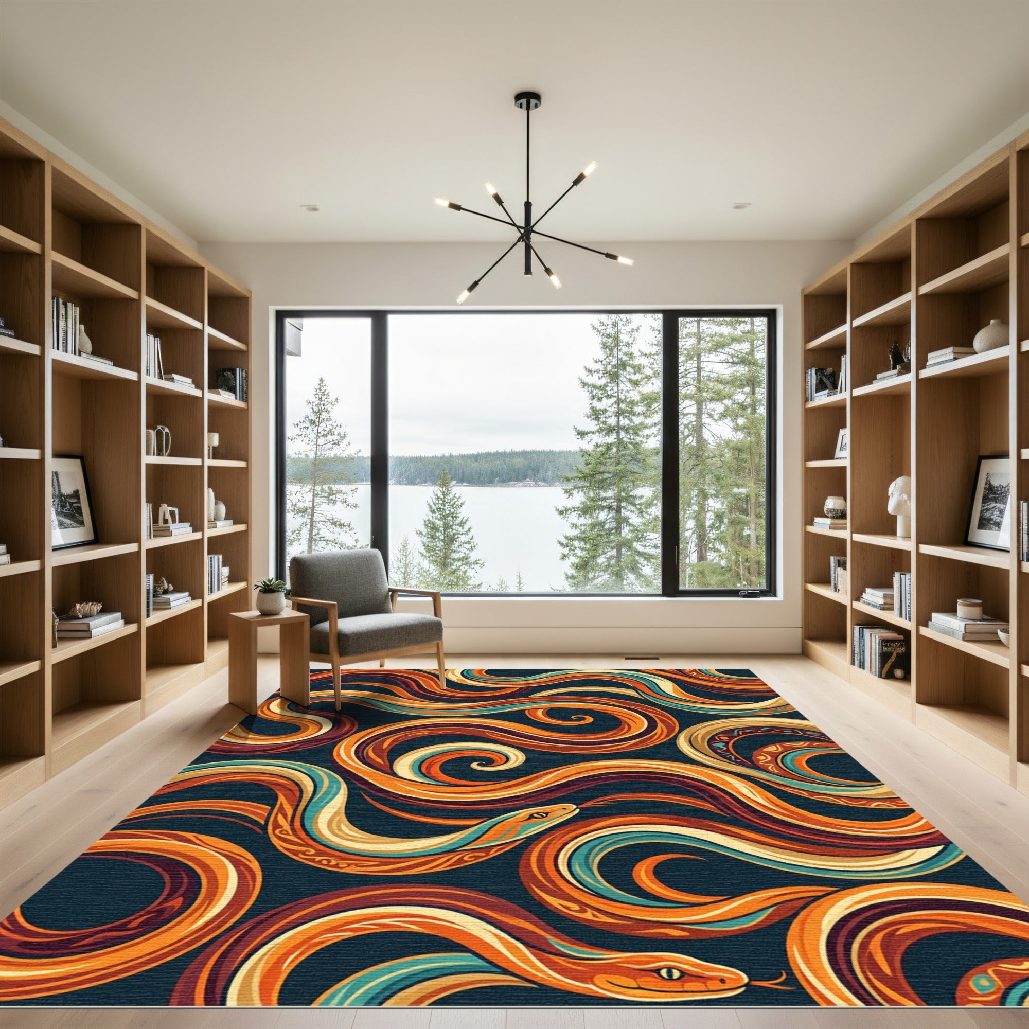 Vibrant Orange Serpentine Abstract Flow Art Rug