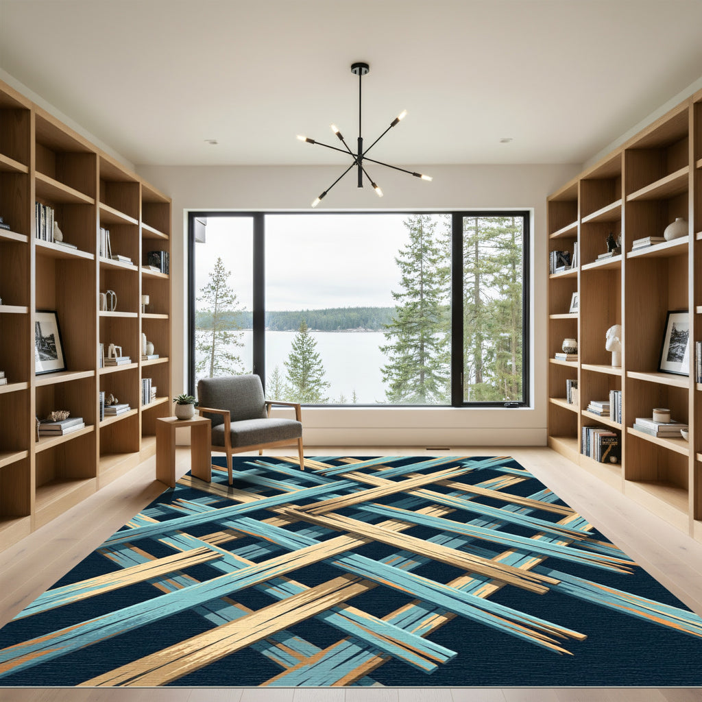 Blue and Sand Geometric Lattice Weave Rug