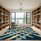 Blue and Sand Geometric Lattice Weave Rug