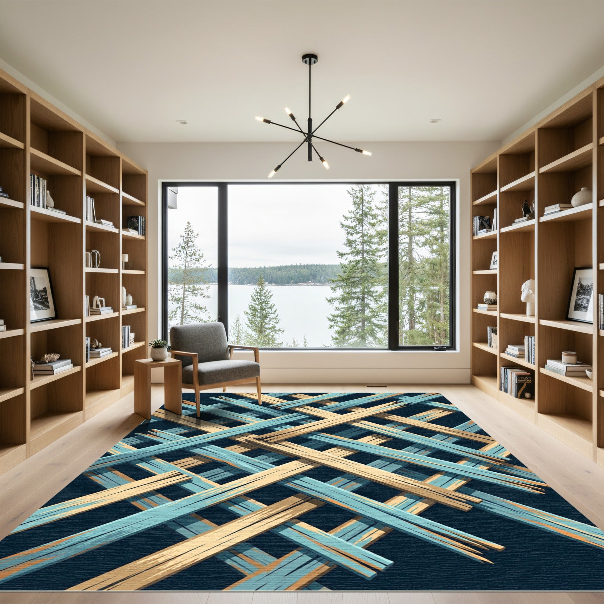 Blue and Sand Geometric Lattice Weave Rug