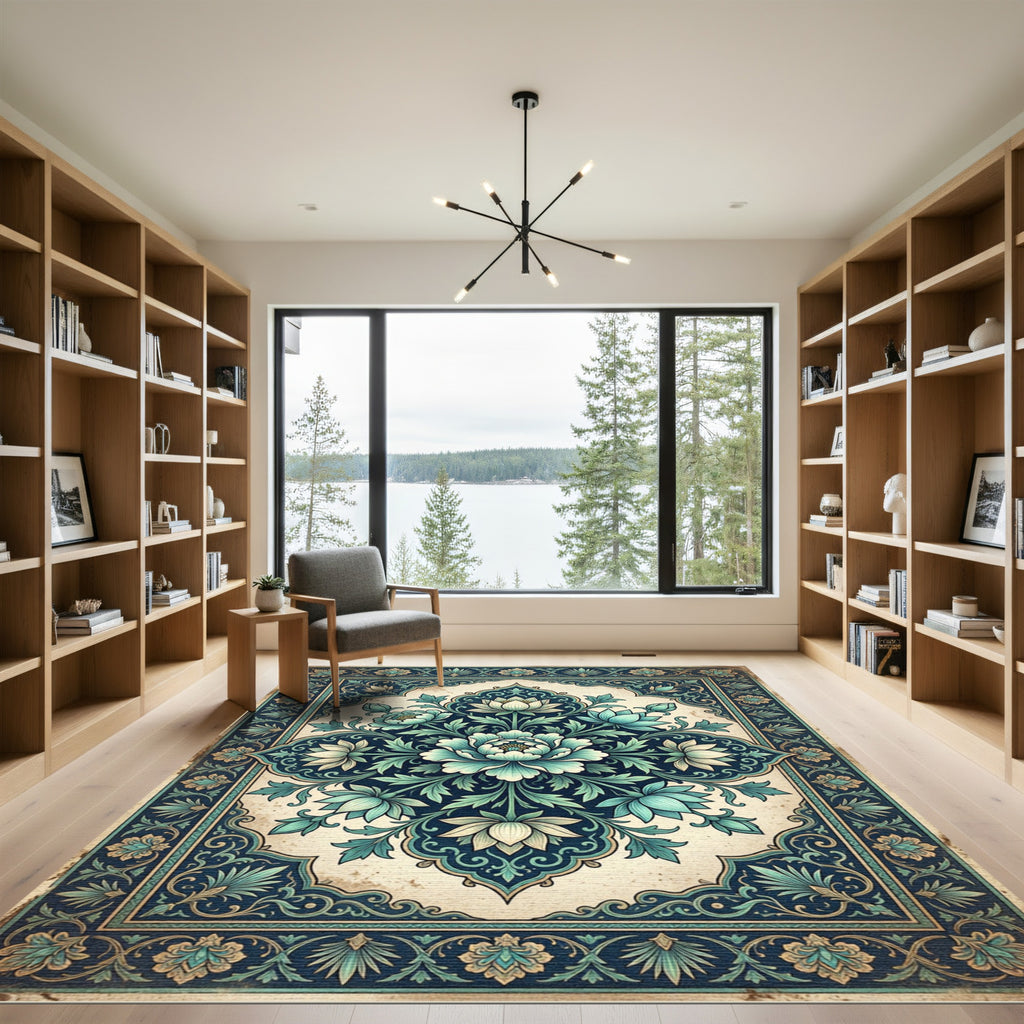 Deep Teal Floral Medallion Intricate Border Rug