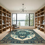 Deep Teal Floral Medallion Intricate Border Rug