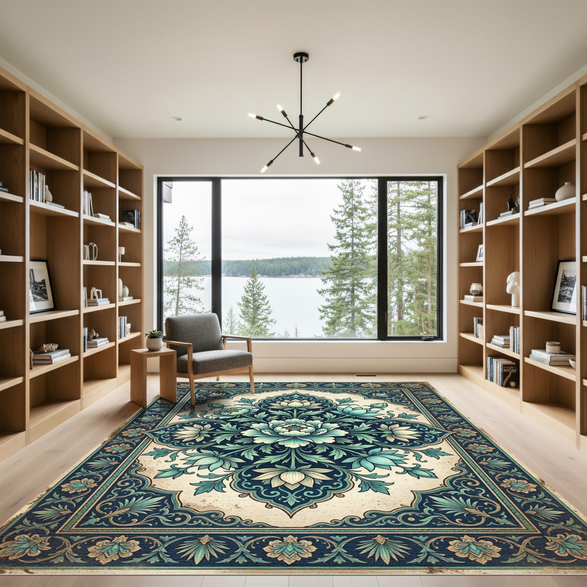 Deep Teal Floral Medallion Intricate Border Rug