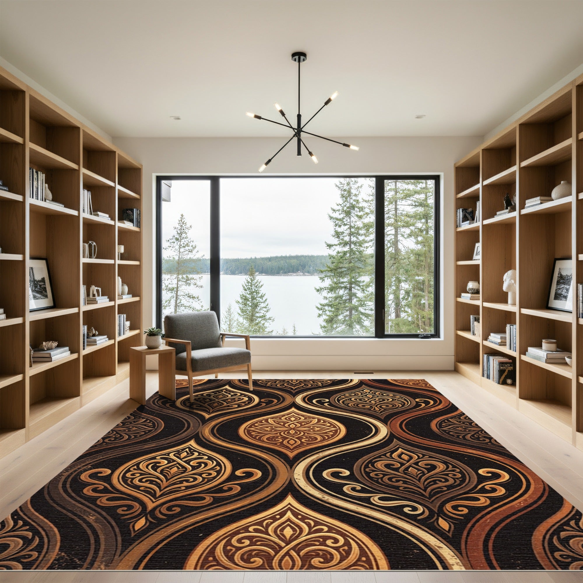 Golden Filigree Damask Scroll Art Rug