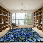 Elegant Blue Floral Peony Bouquet Rug