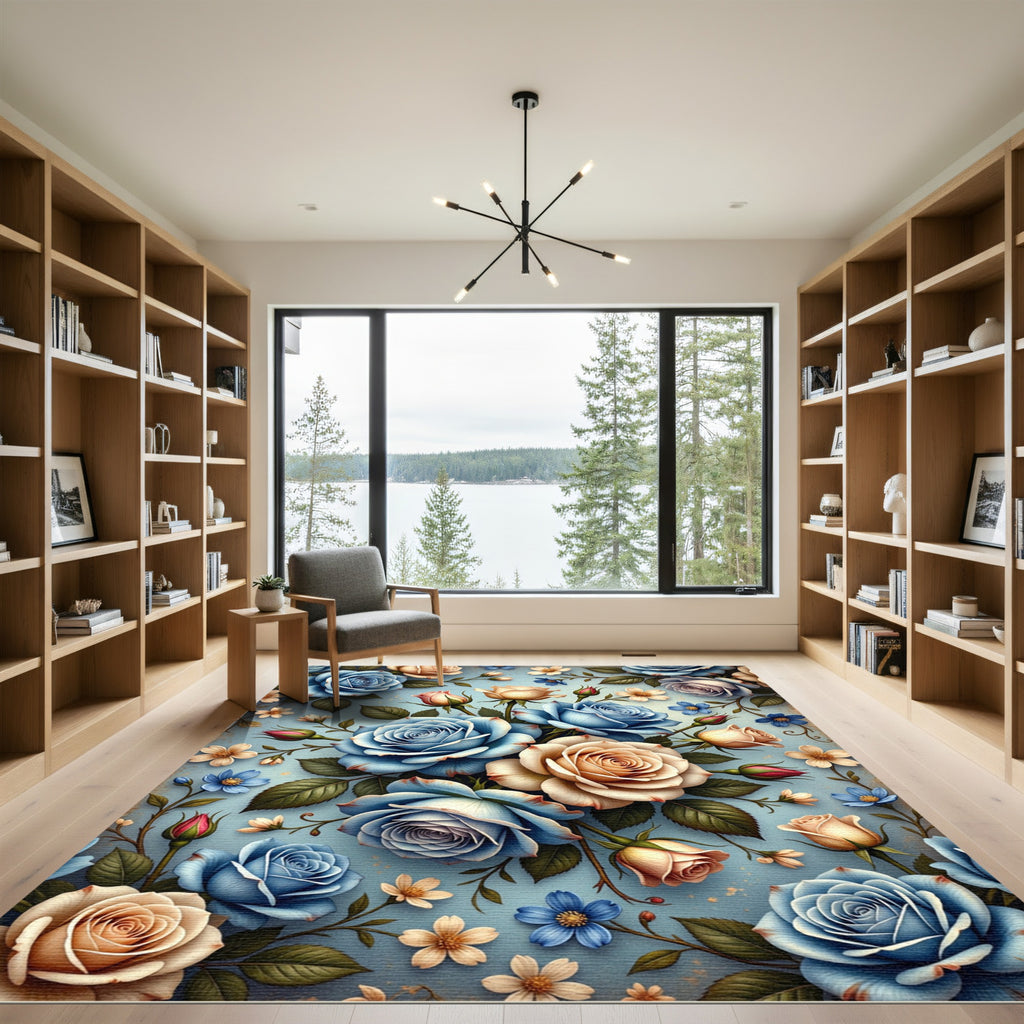 Classic Blue Beige Rose Garden Rug