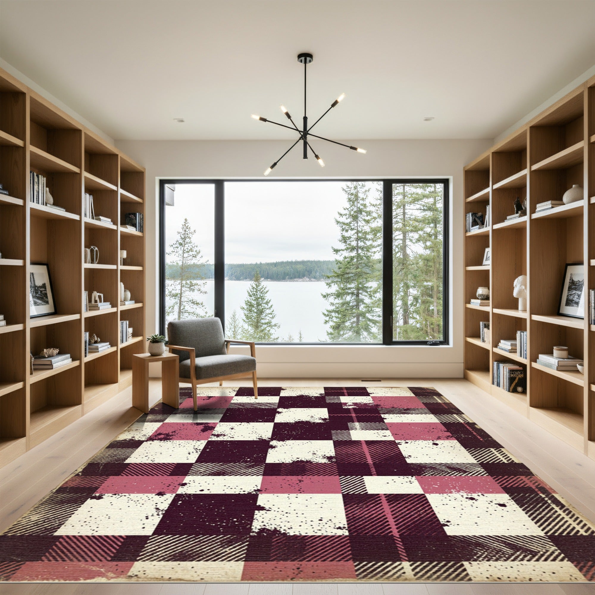 Rustic Pink Black Plaid Checks Rug