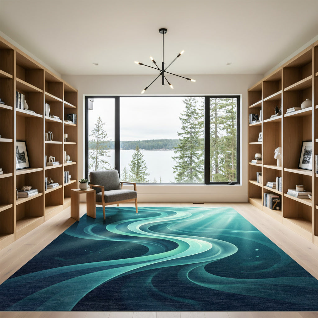 Deep Teal Swirling Water Ribbons Rug