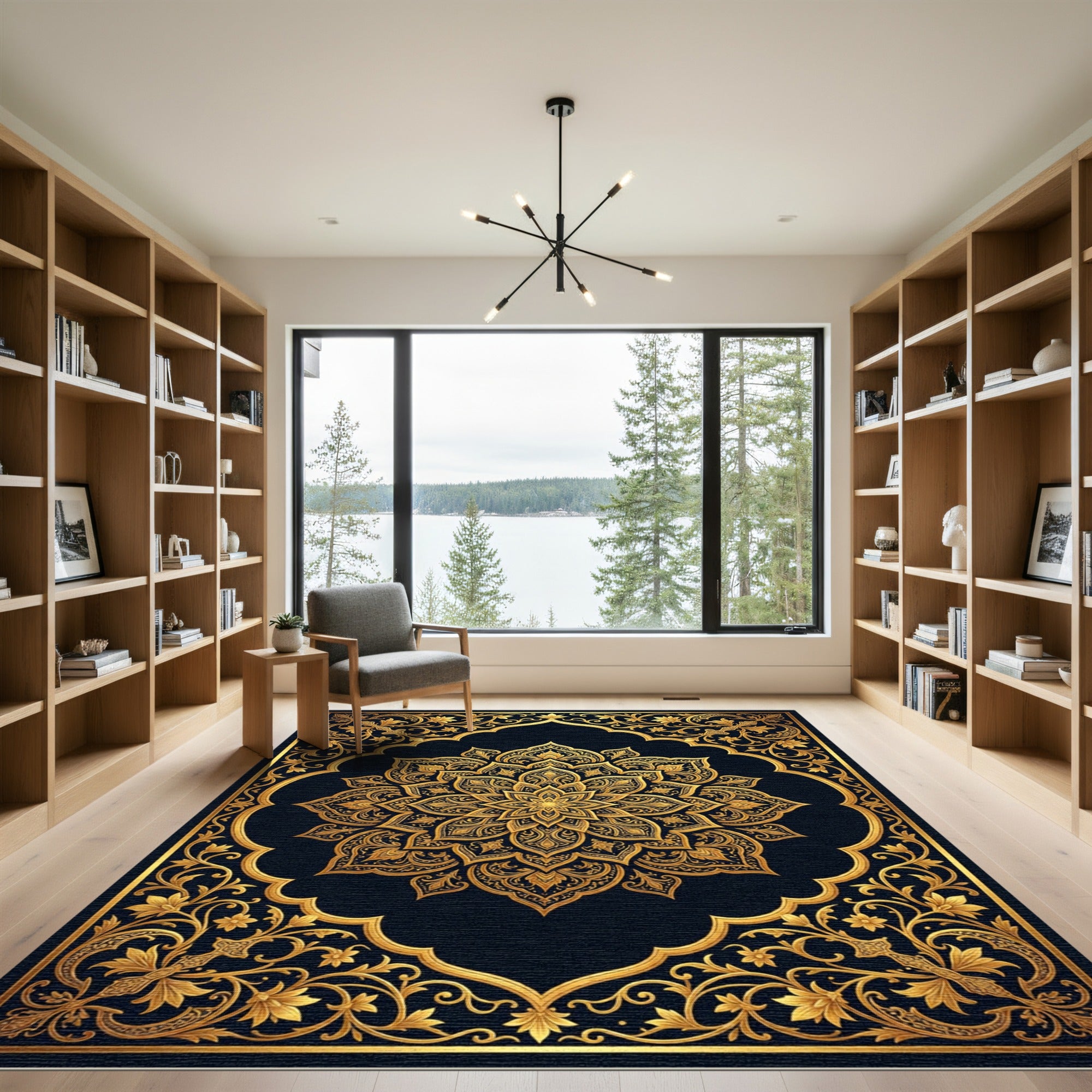 Luxurious Gold Black Ornate Medallion Rug