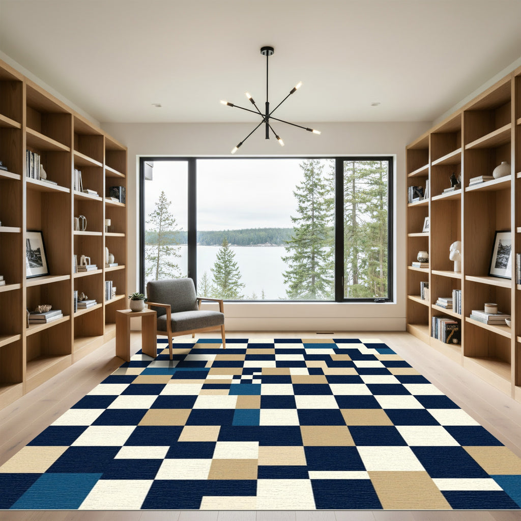 Modern Navy Beige Geometric Block Grid Rug