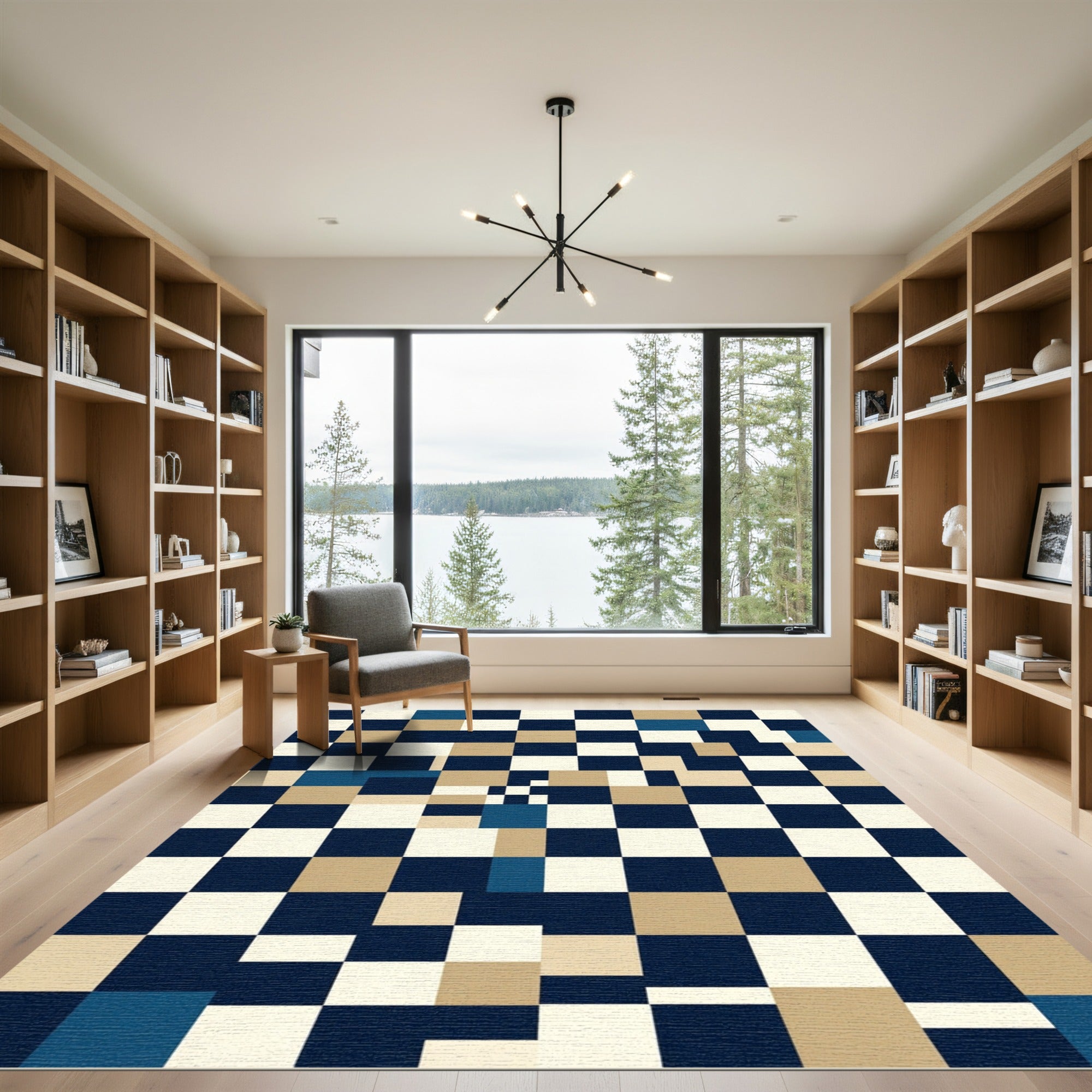 Modern Navy Beige Geometric Block Grid Rug