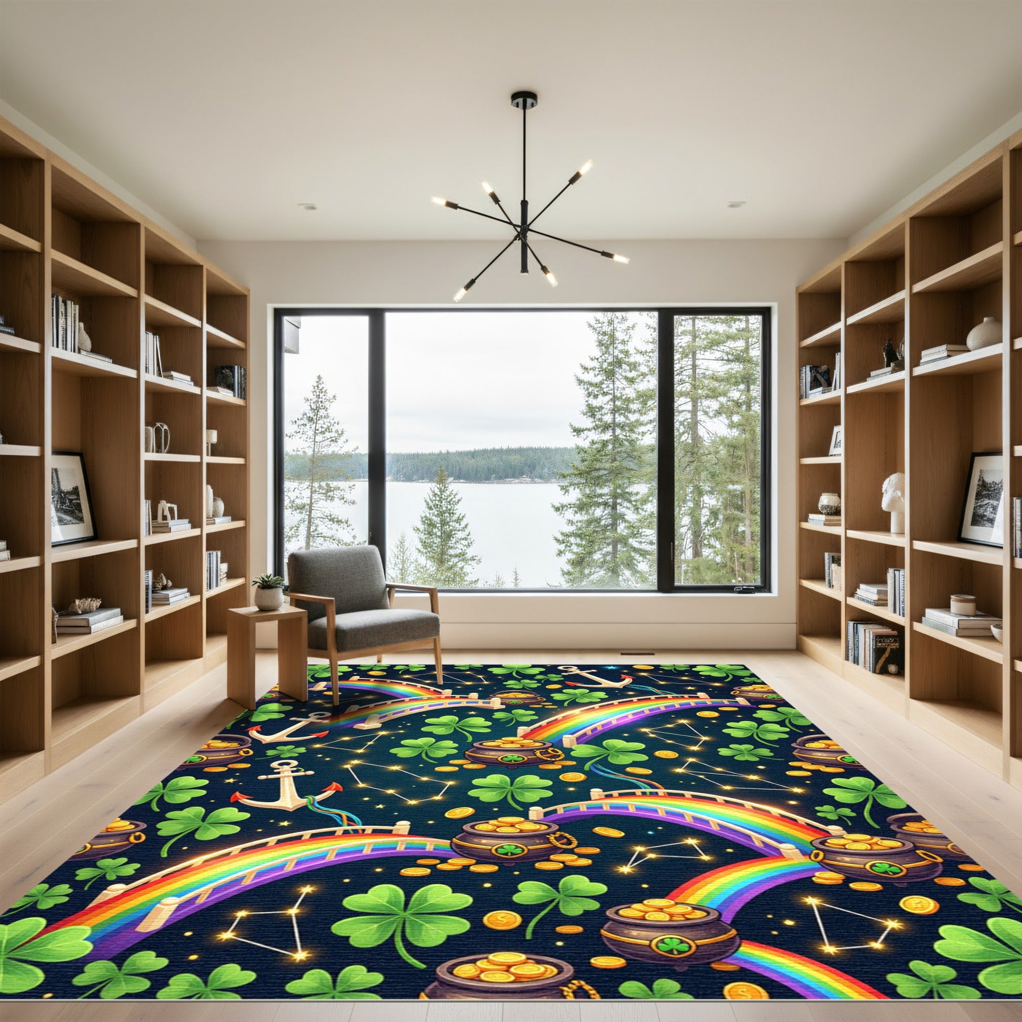 Whimsical Rainbow Shamrock Gold Coin Constellation Rug