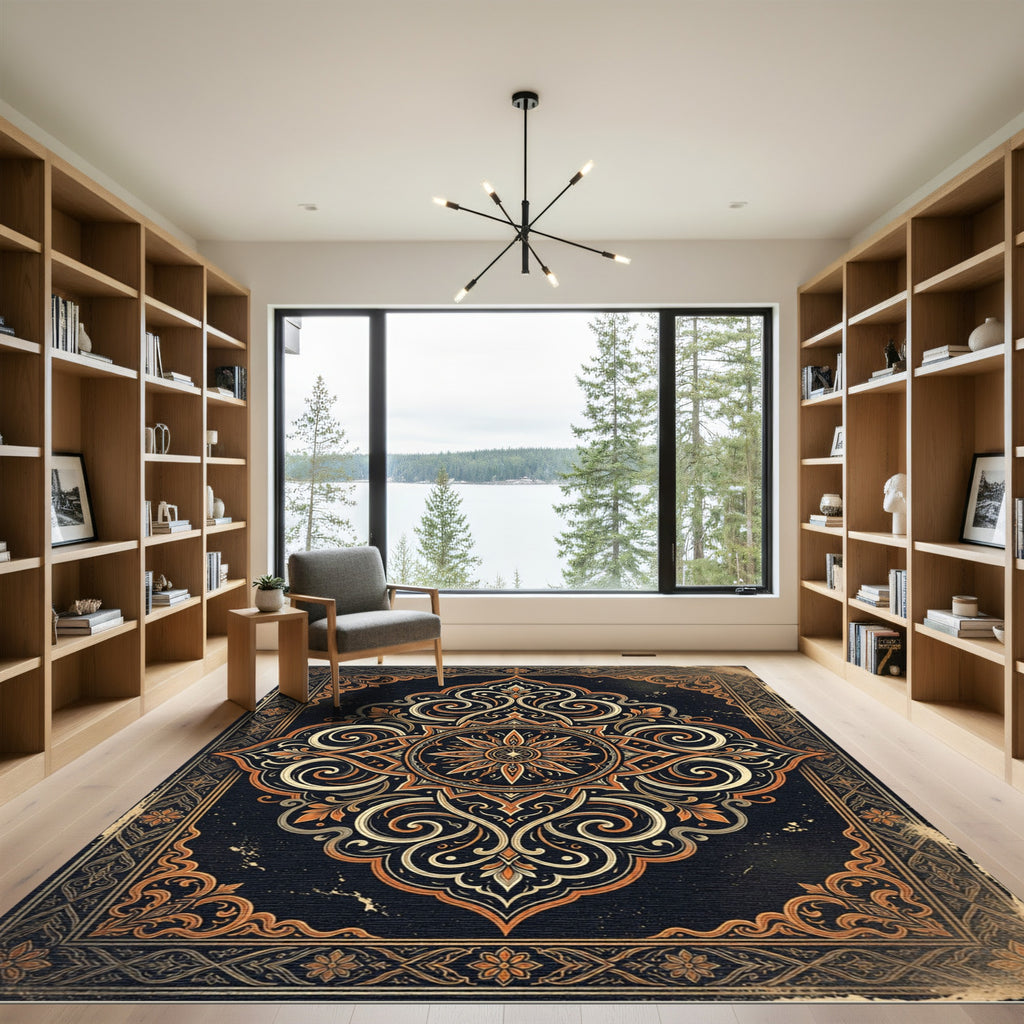Ornate Gold Floral Medallion Charcoal Rug
