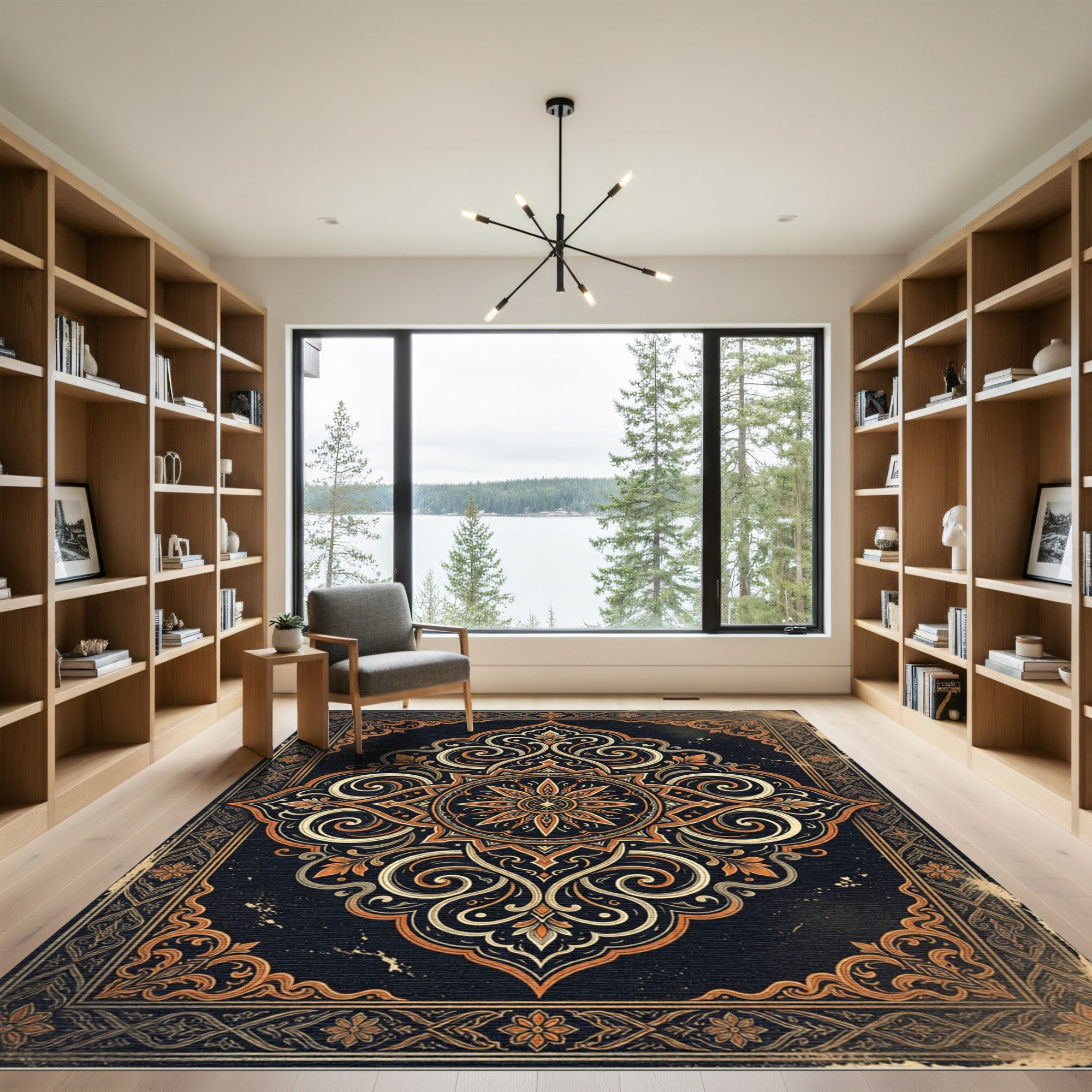 Ornate Gold Floral Medallion Charcoal Rug