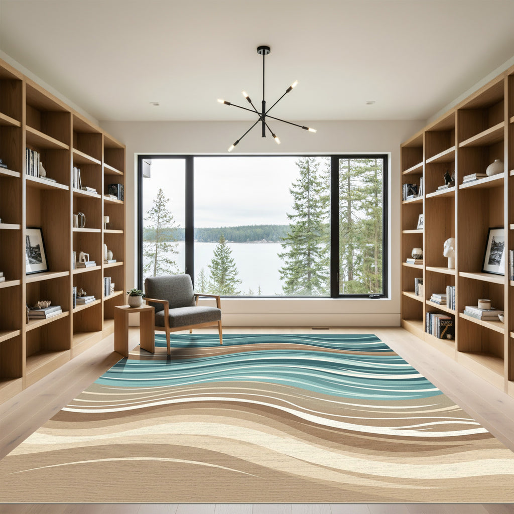 Abstract Wavy Teal and Earth Tone Rug
