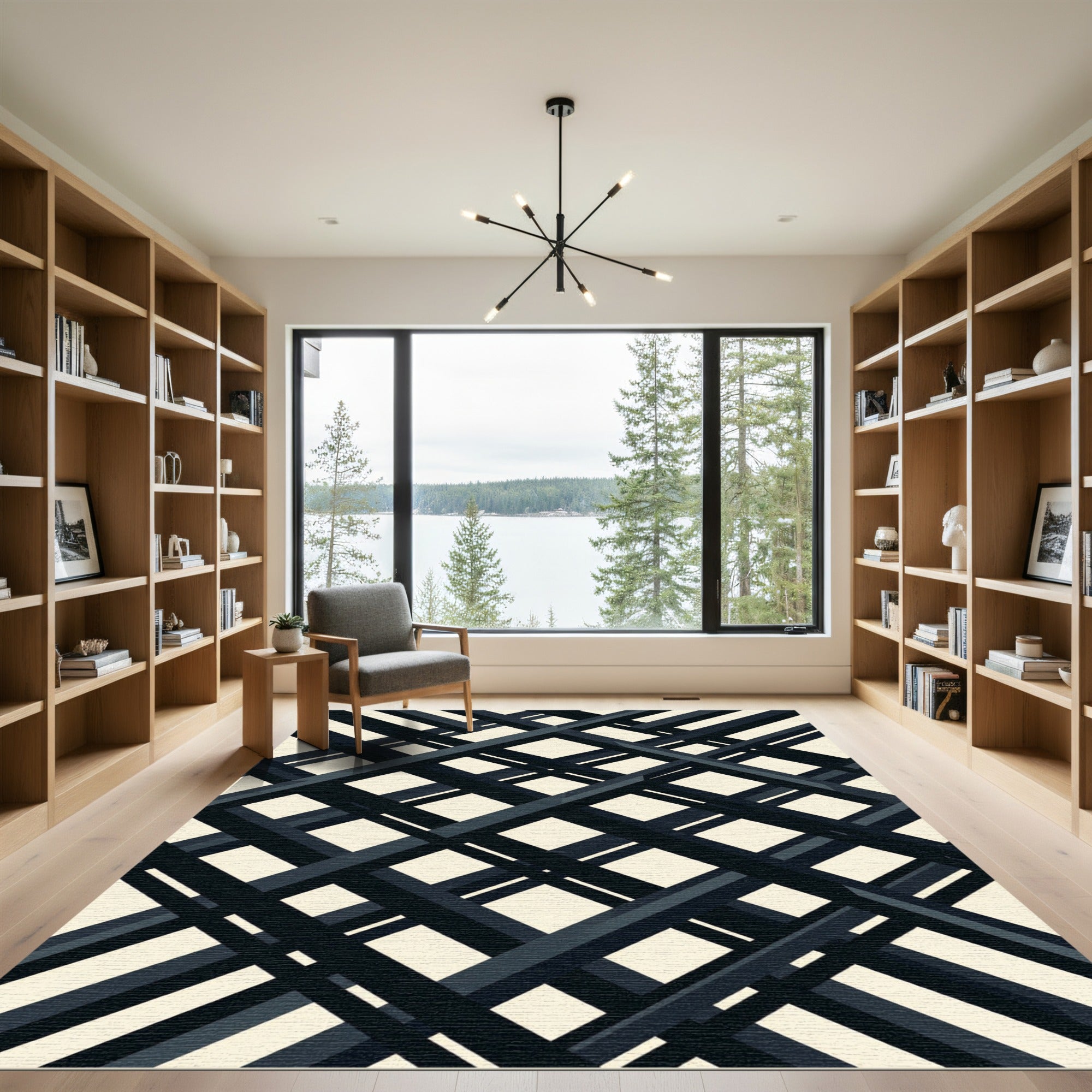 Minimalist Black Intersecting Diagonal Grid Rug