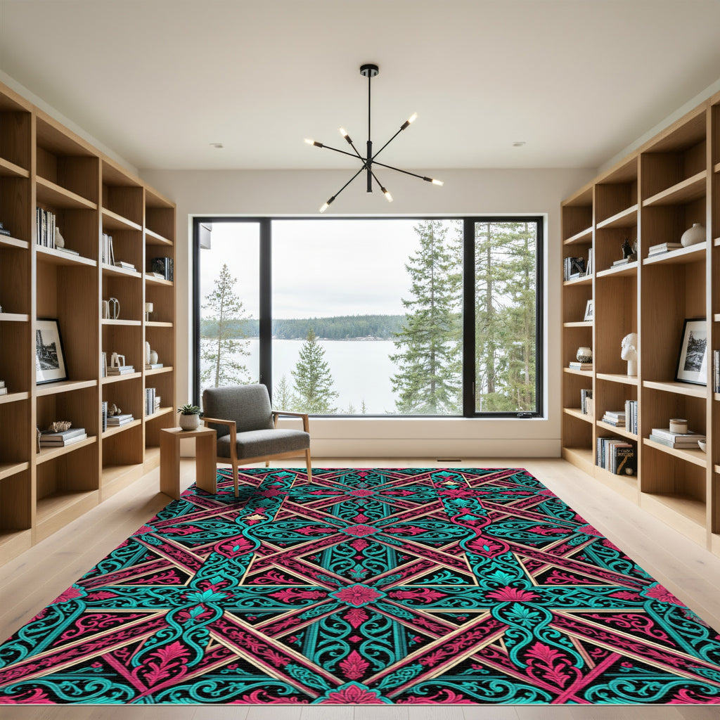 Teal Magenta Lattice Floral Swirl Rug