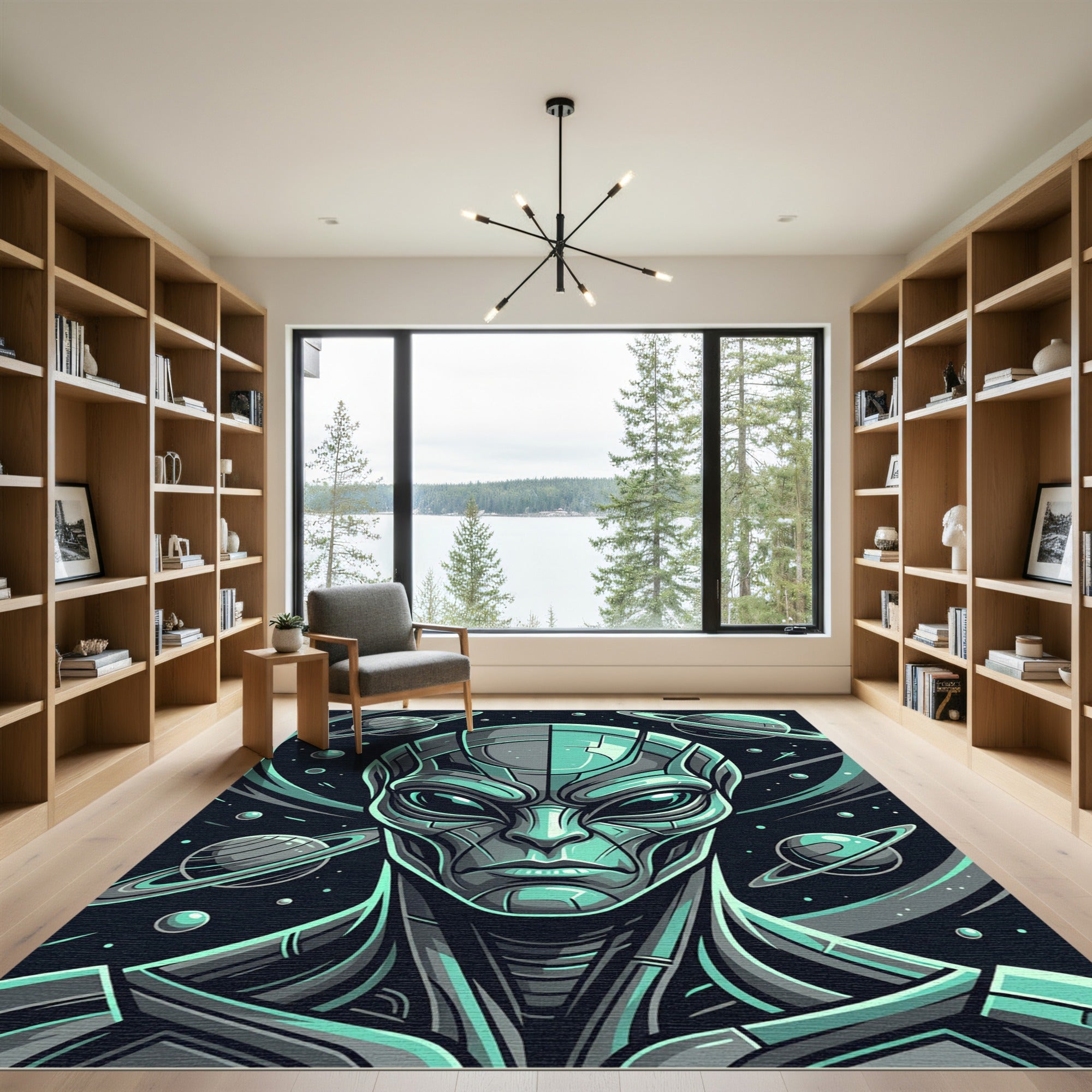 Futuristic Silver Alien Cosmic Planet Portrait Rug