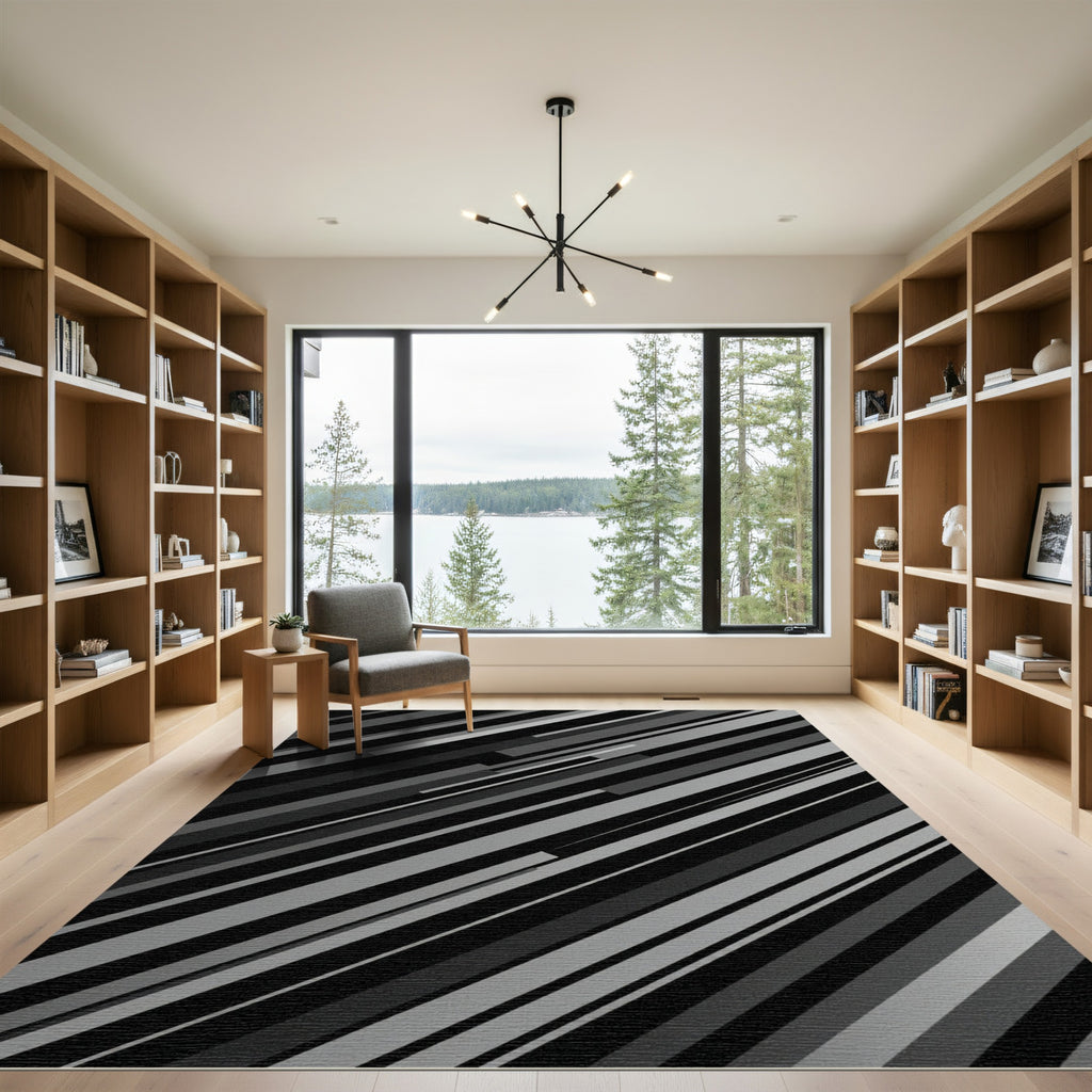 Modern Monochrome Diagonal Stripe Abstract Rug