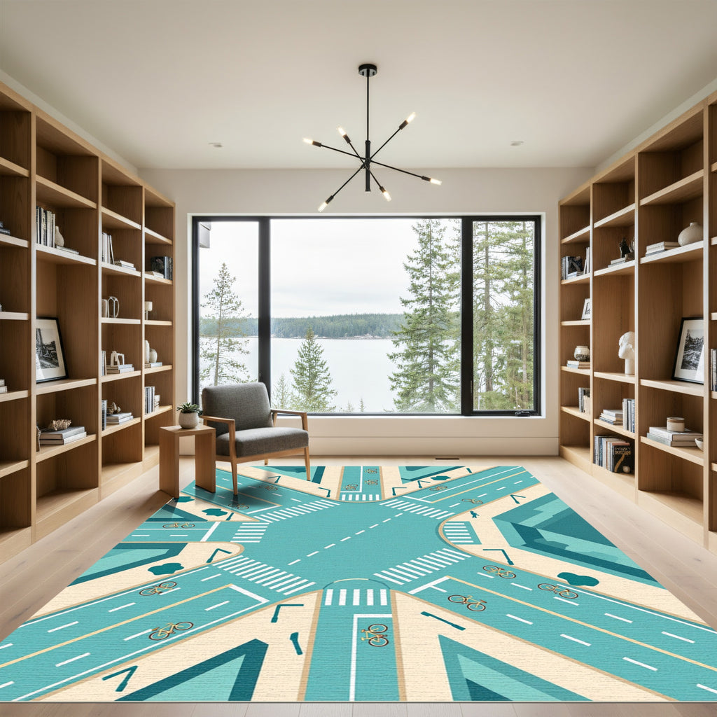 Modern Teal Urban Cycling Intersection Art Rug