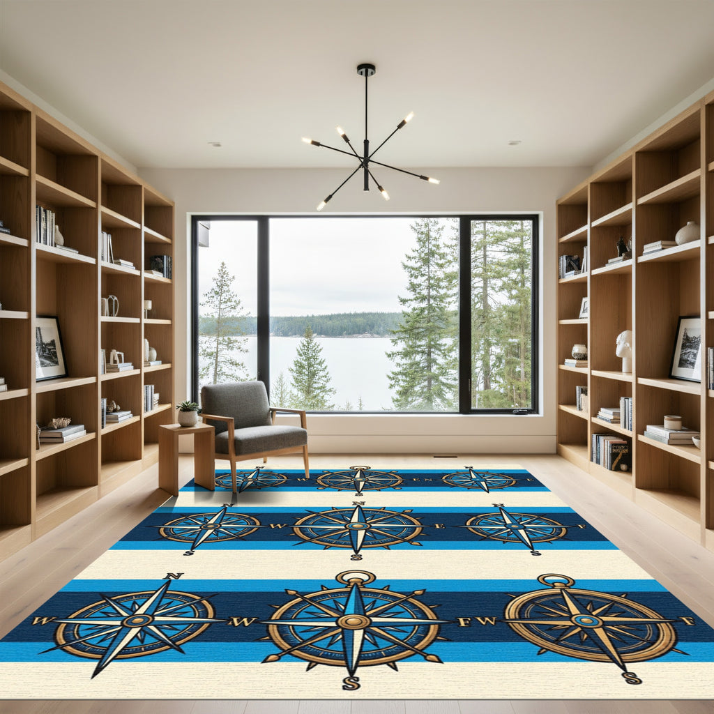 Nautical Compass Blue Striped Art Rug
