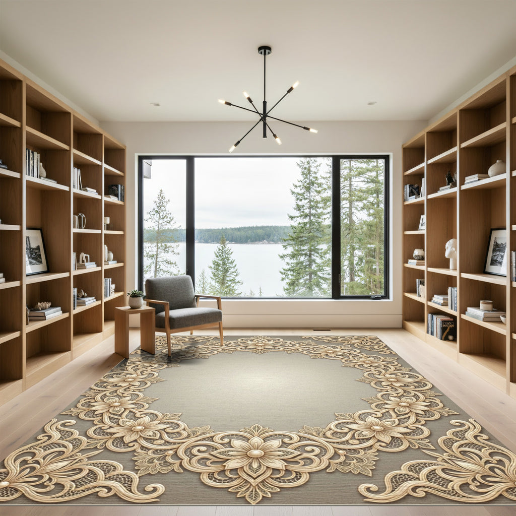 Ornate Beige Floral Scroll Border Rug