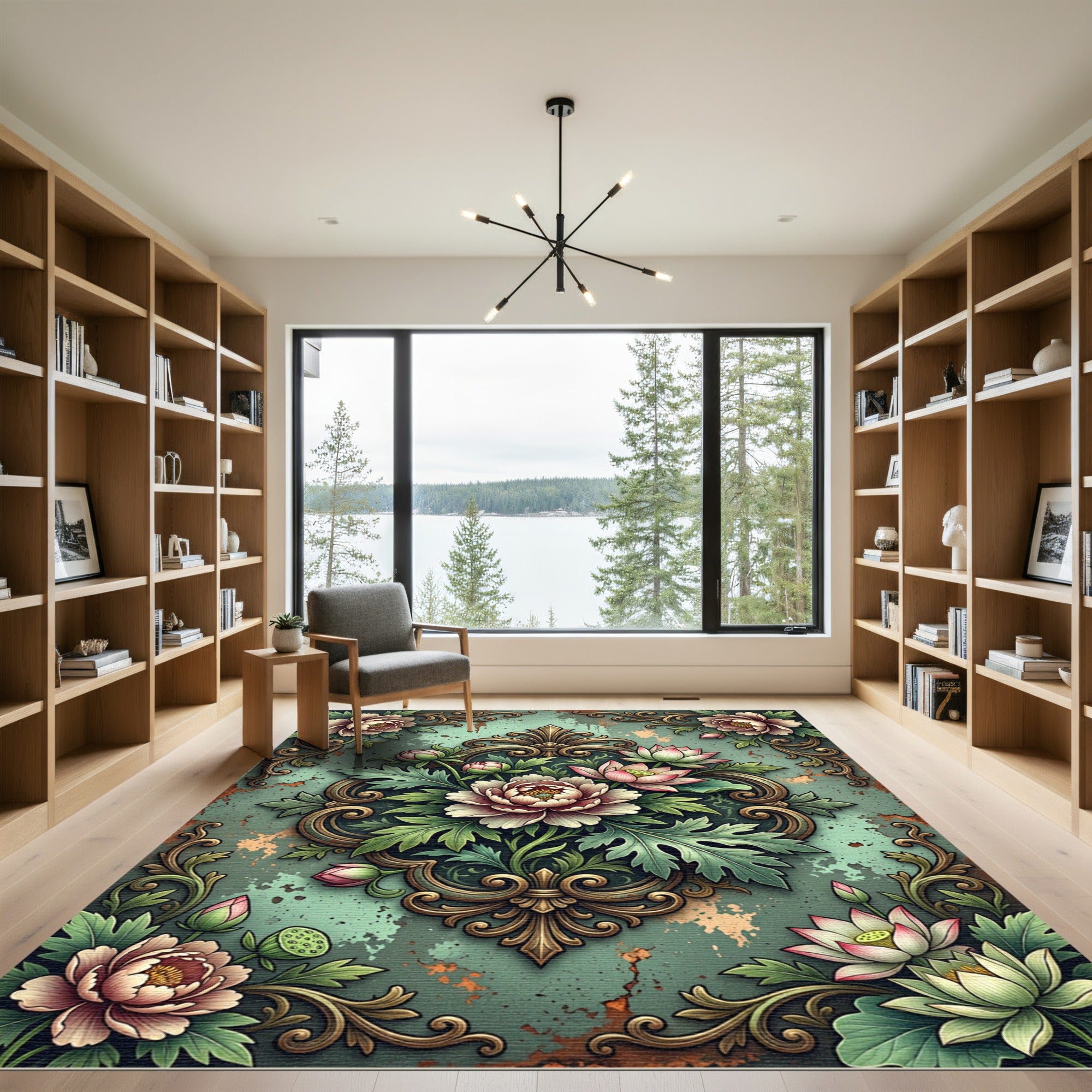 Ornate Sage Floral Peony Damask Rug