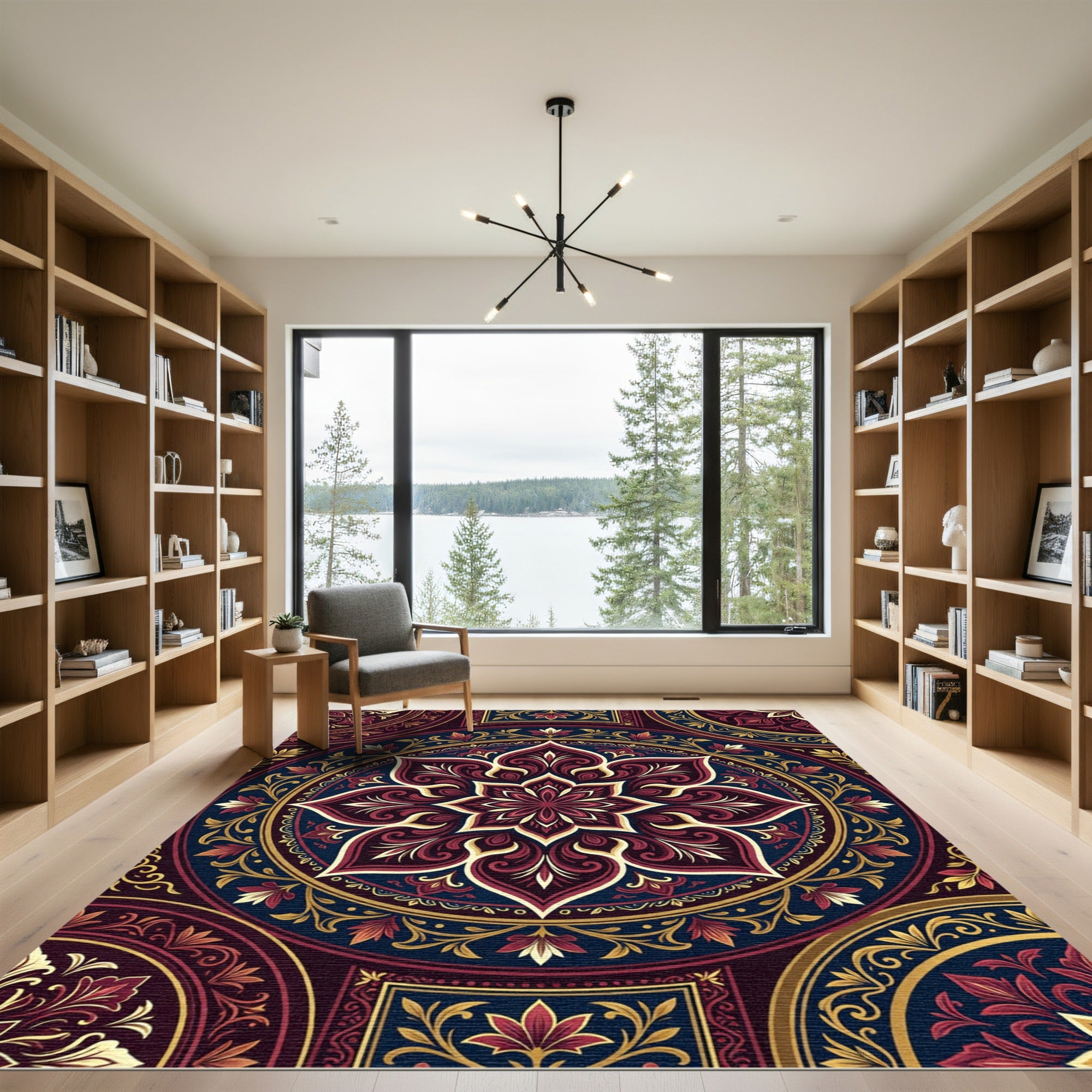 Deep Crimson Floral Medallion Gold Accents Rug