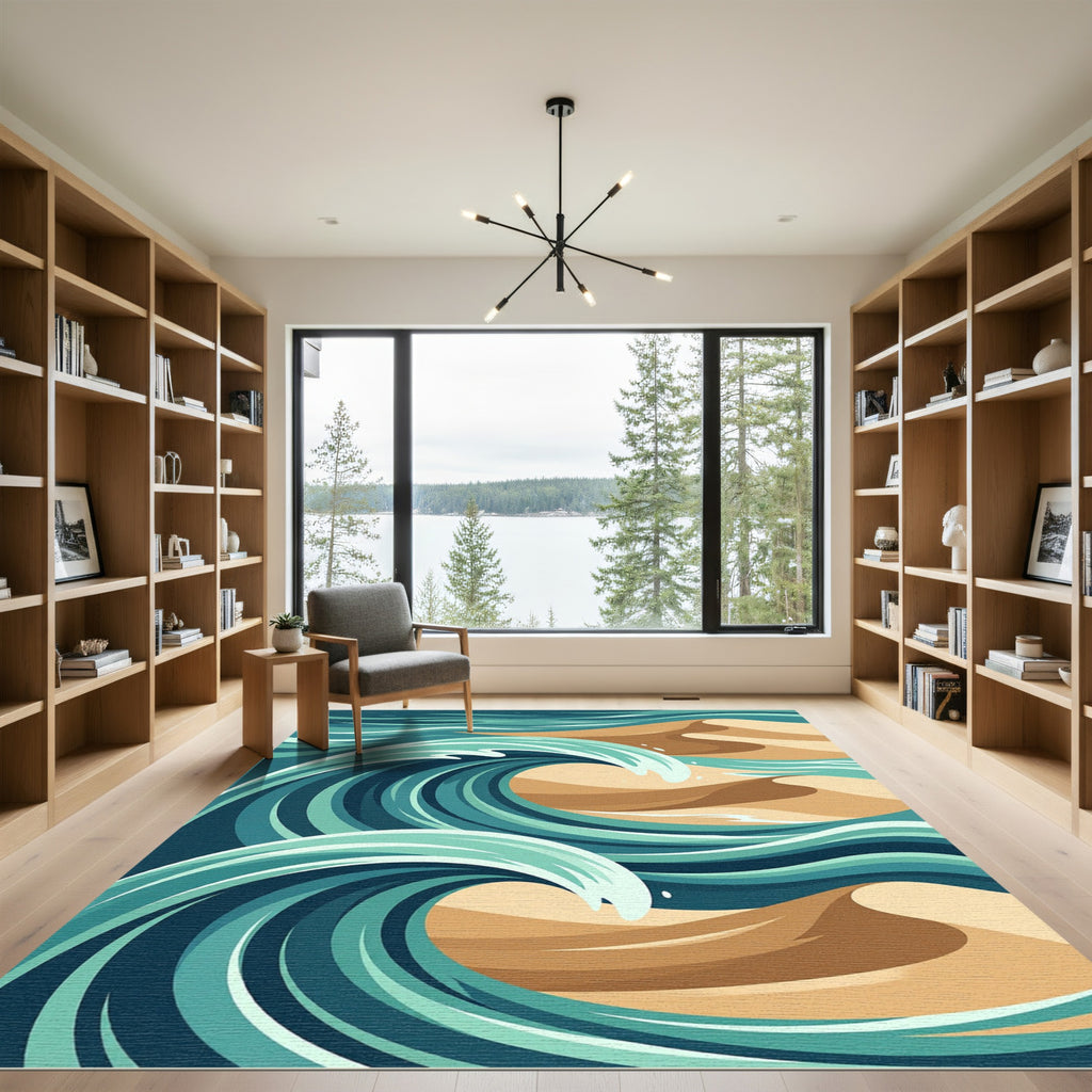 Abstract Teal Ocean Wave Sand Dune Rug