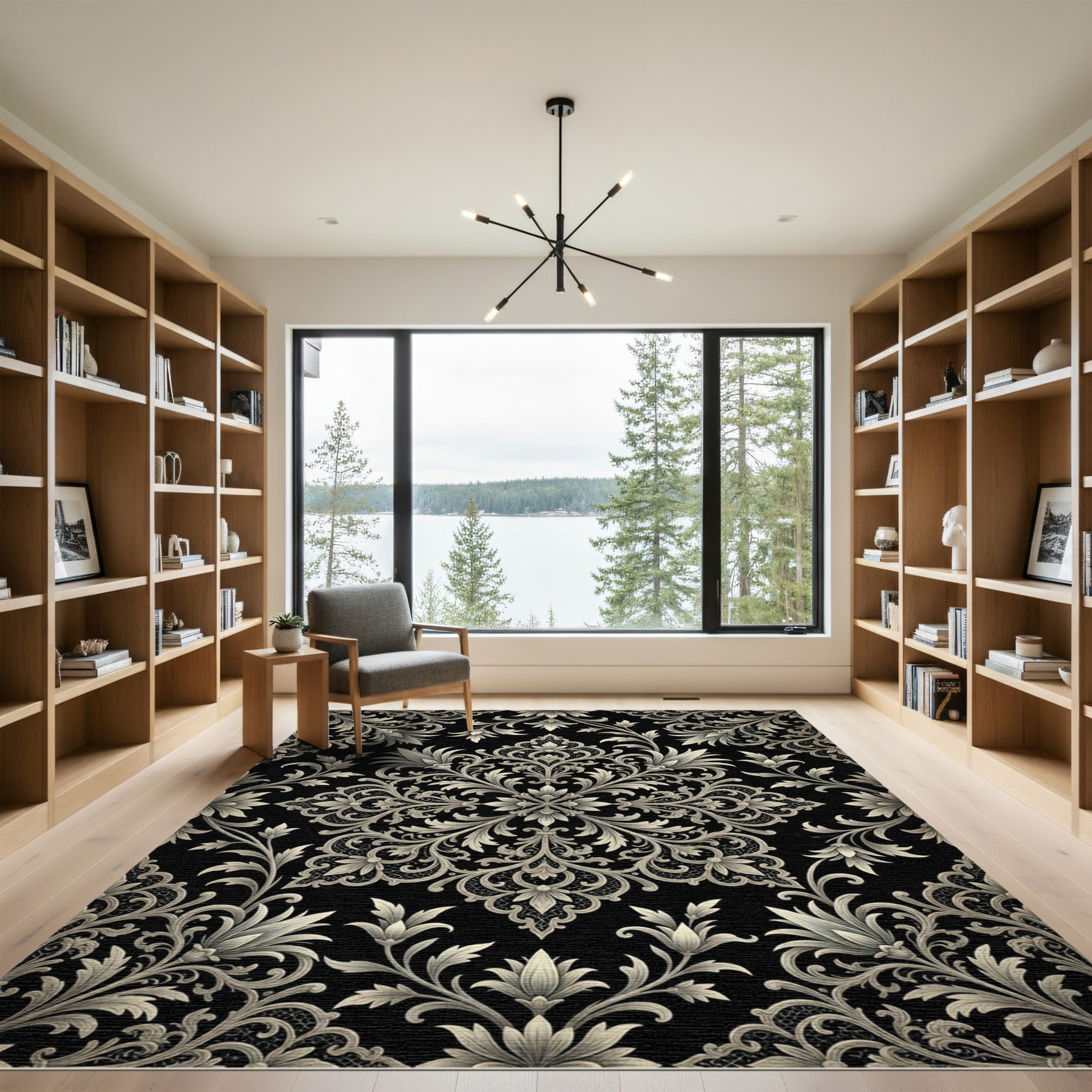 Intricate Black Ivory Acanthus Scroll Rug