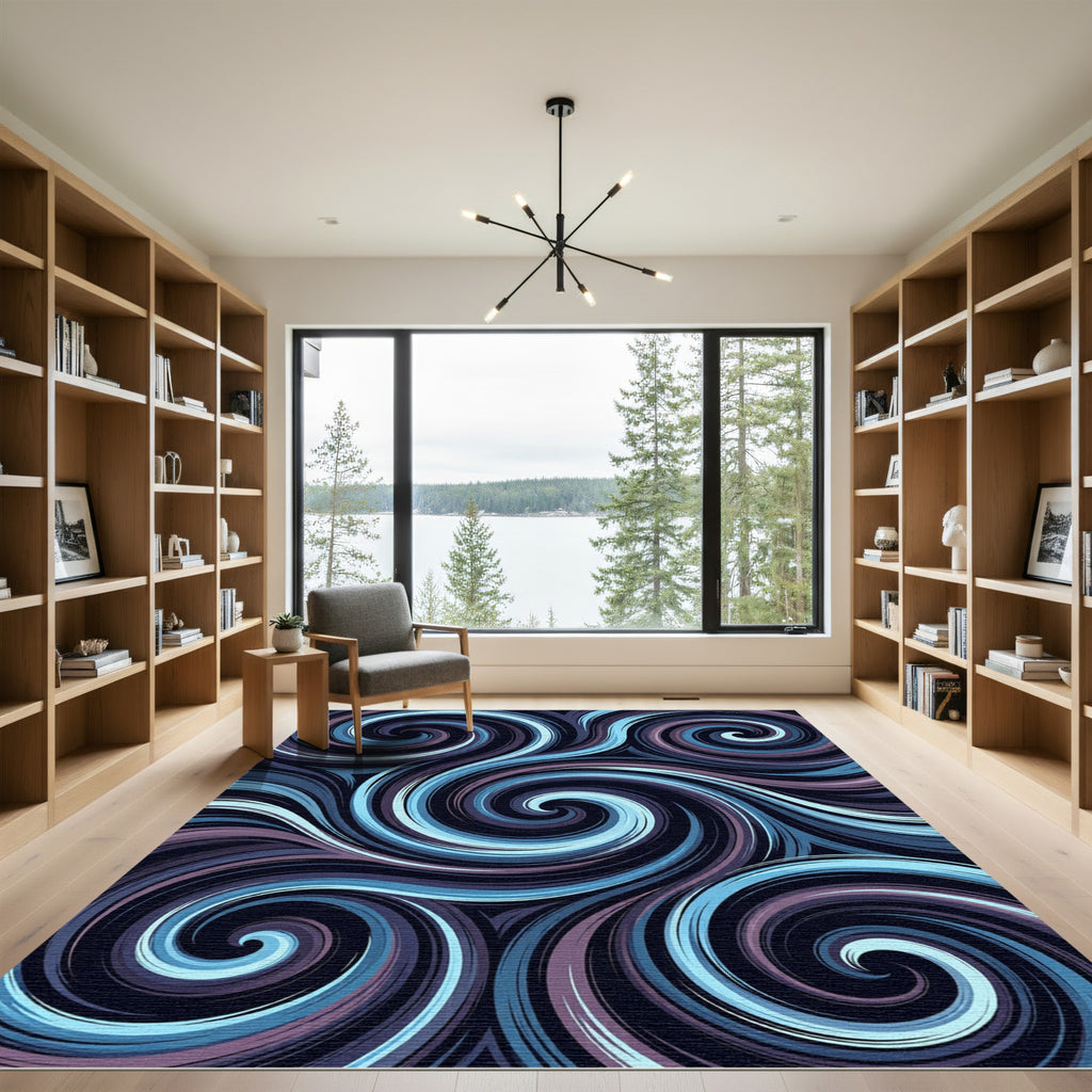 Dark Blue Swirling Abstract Ribbons Rug