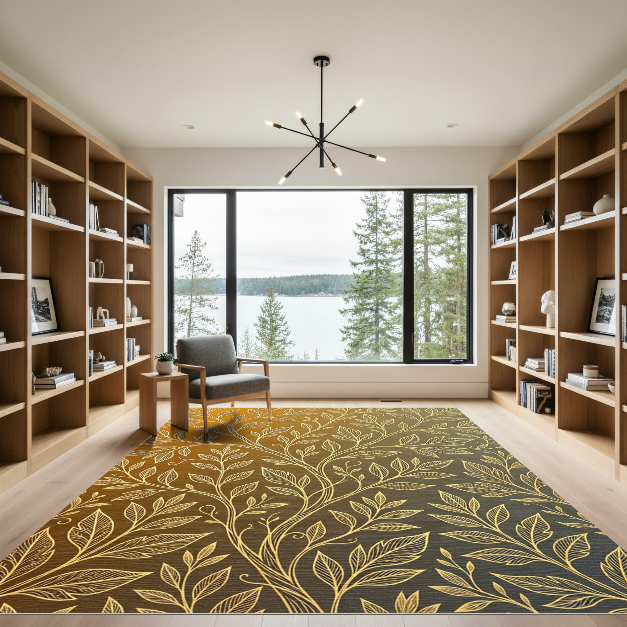 Golden Botanical Leaves on Ombre Gradient Rug
