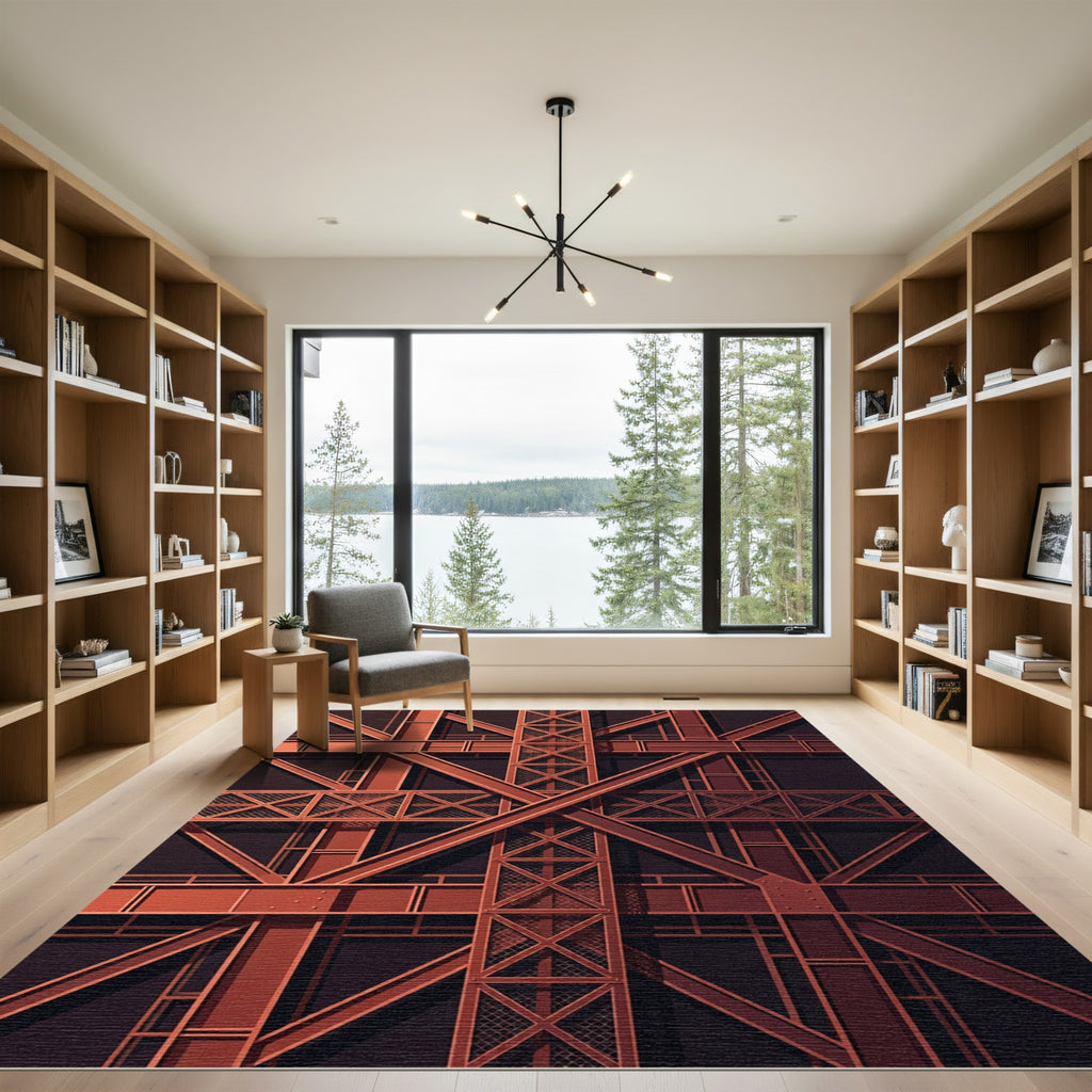 Deep Red Industrial Geometric Lattice Rug