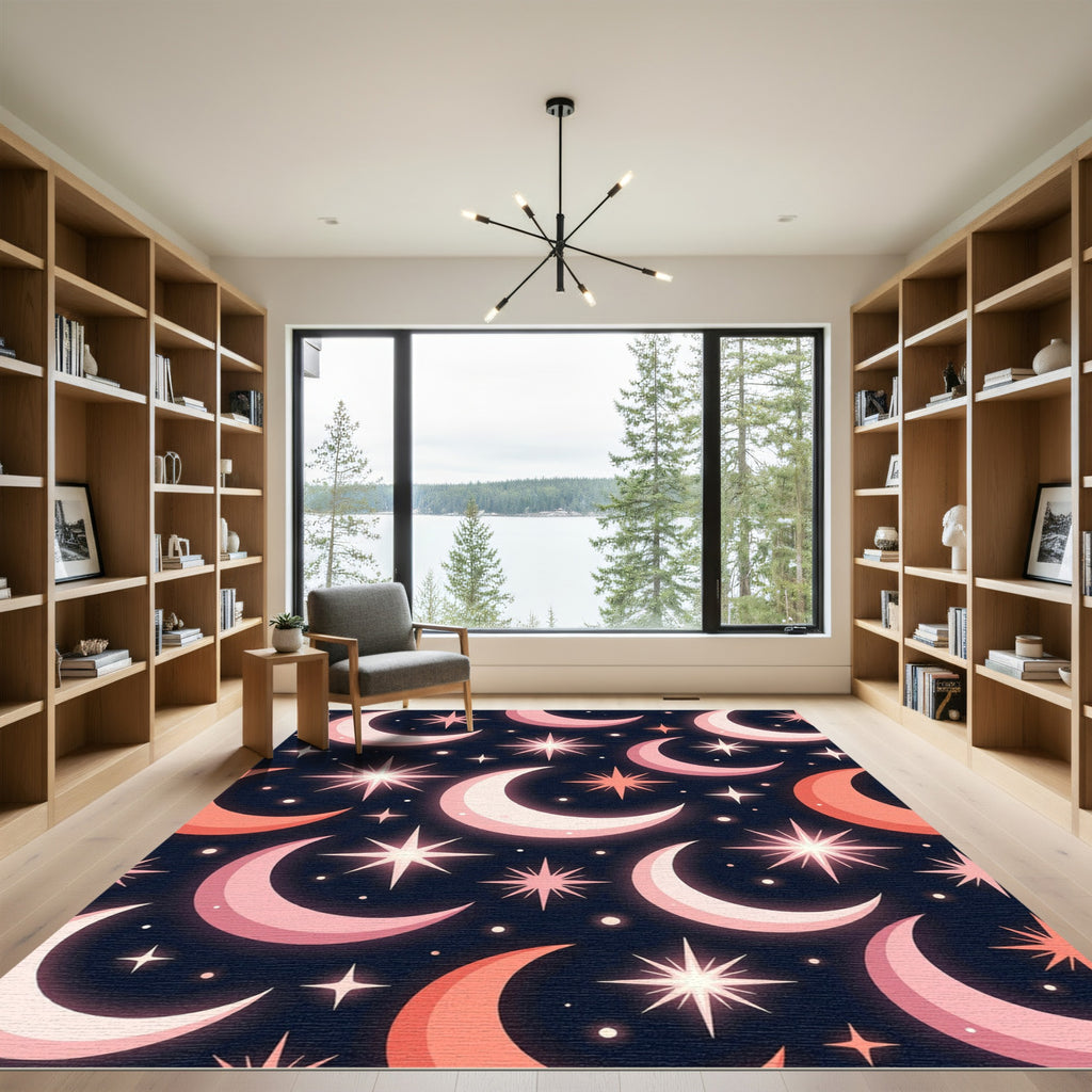 Celestial Pink Moon Star Night Rug