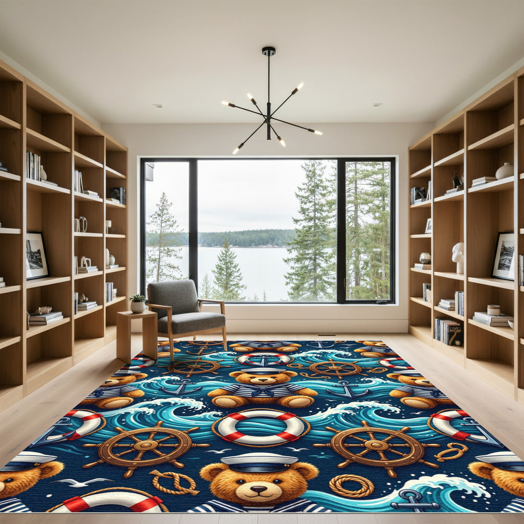 Nautical Teddy Bear Sailor Ocean Waves Rug