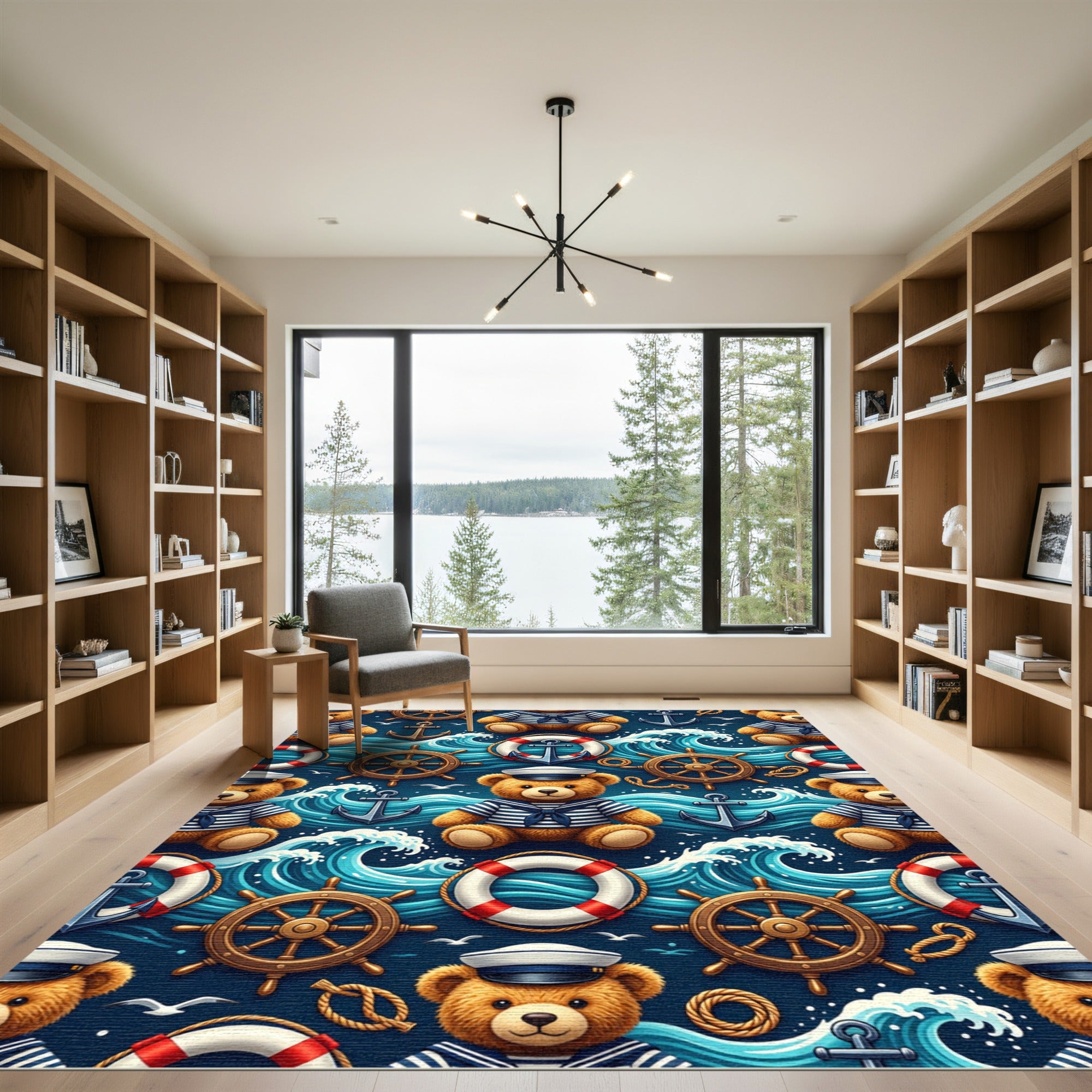 Nautical Teddy Bear Sailor Ocean Waves Rug