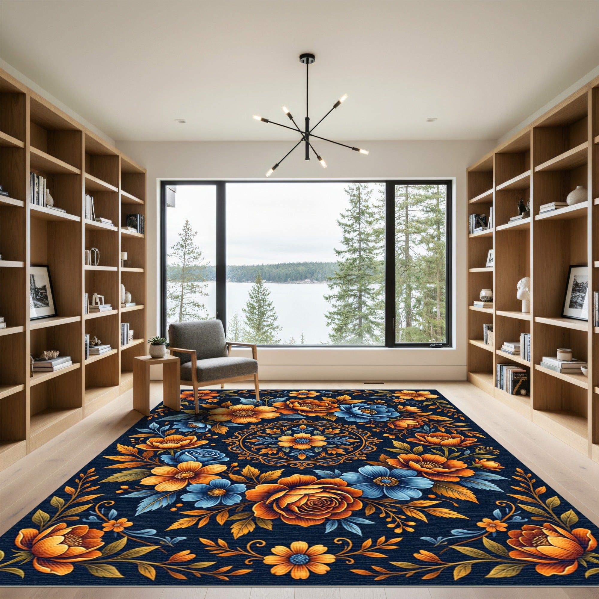 Vibrant Orange Blue Floral Garden Arrangement Rug