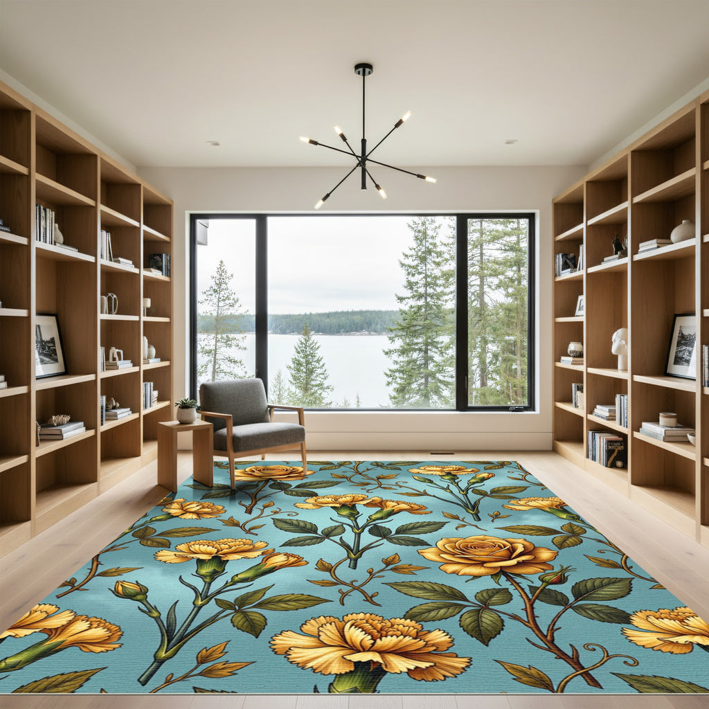 Golden Floral Blossom Garden Rug