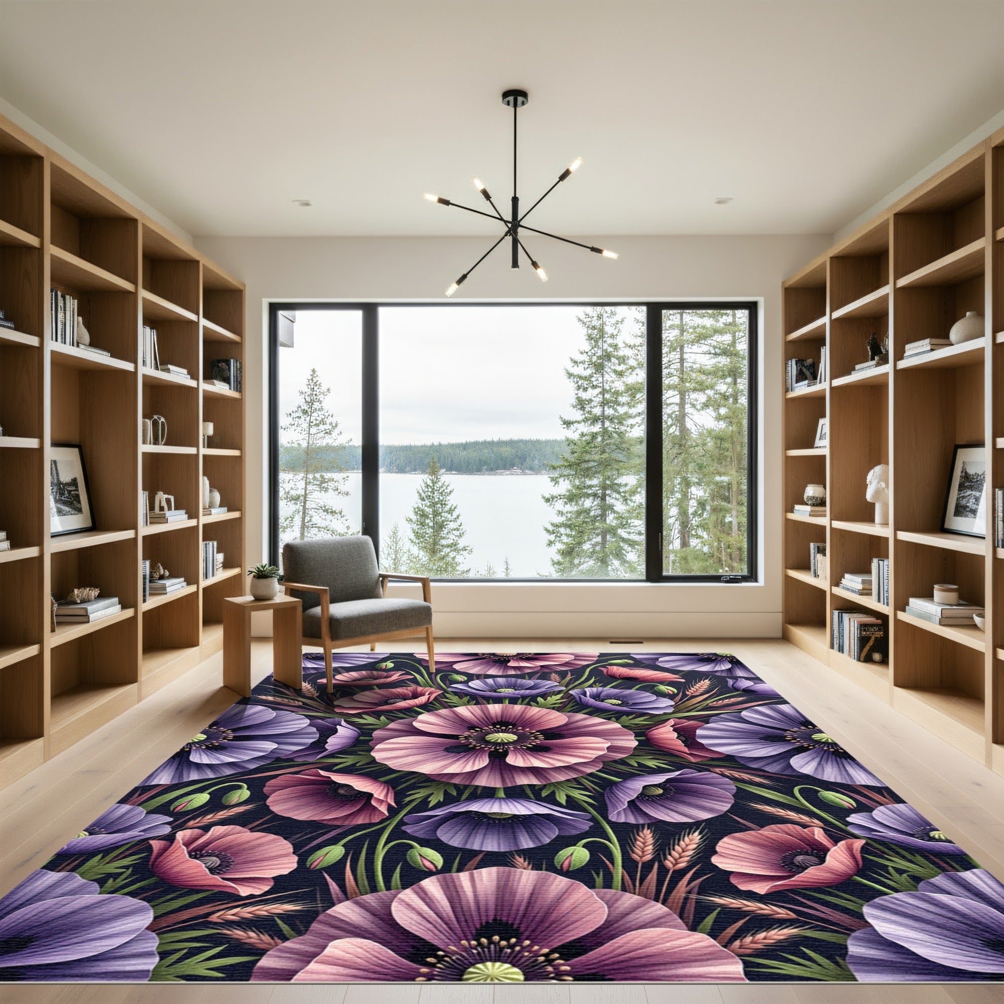 Elegant Purple Pink Poppy Botanical Garden Rug