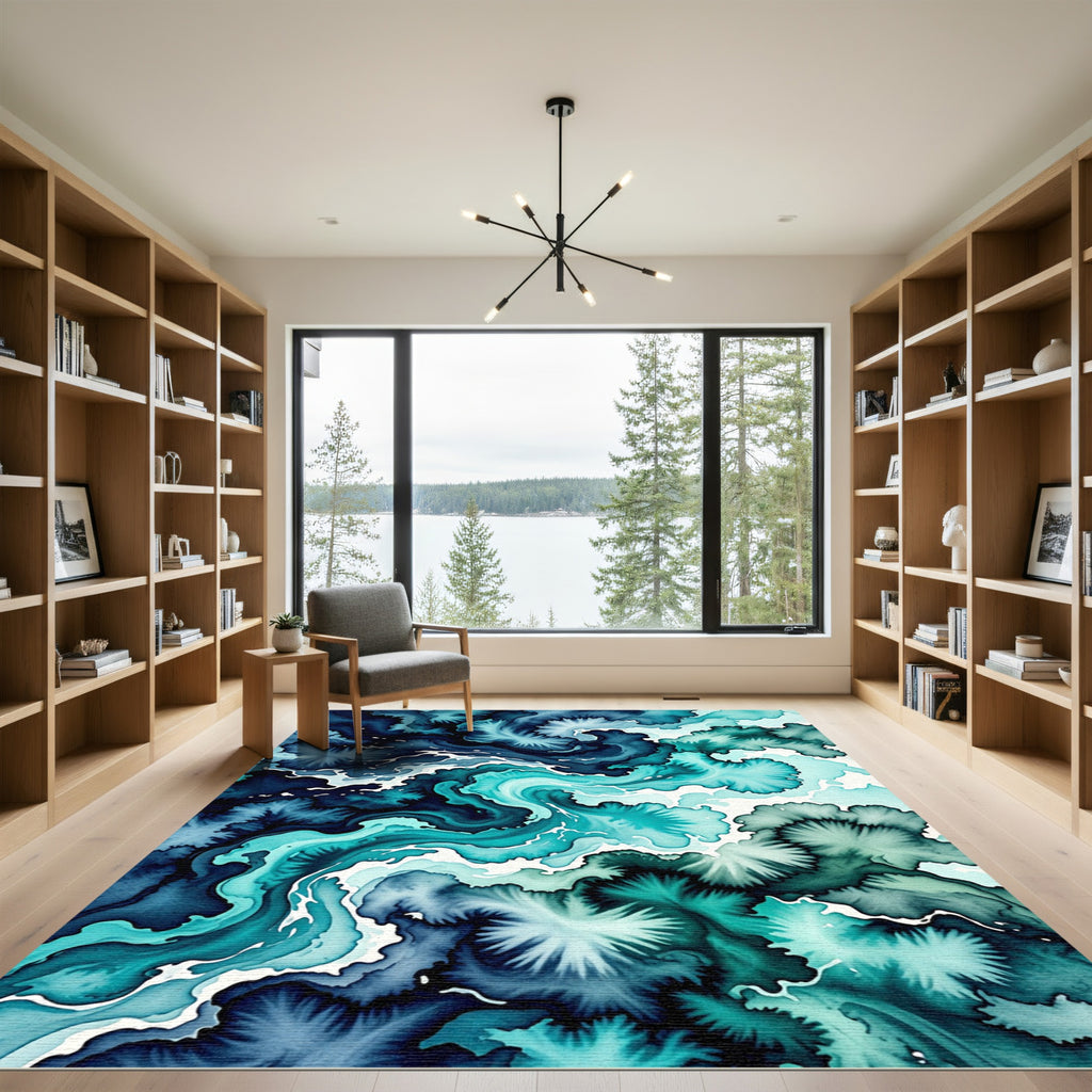 Deep Teal Abstract Watercolor Flow Rug